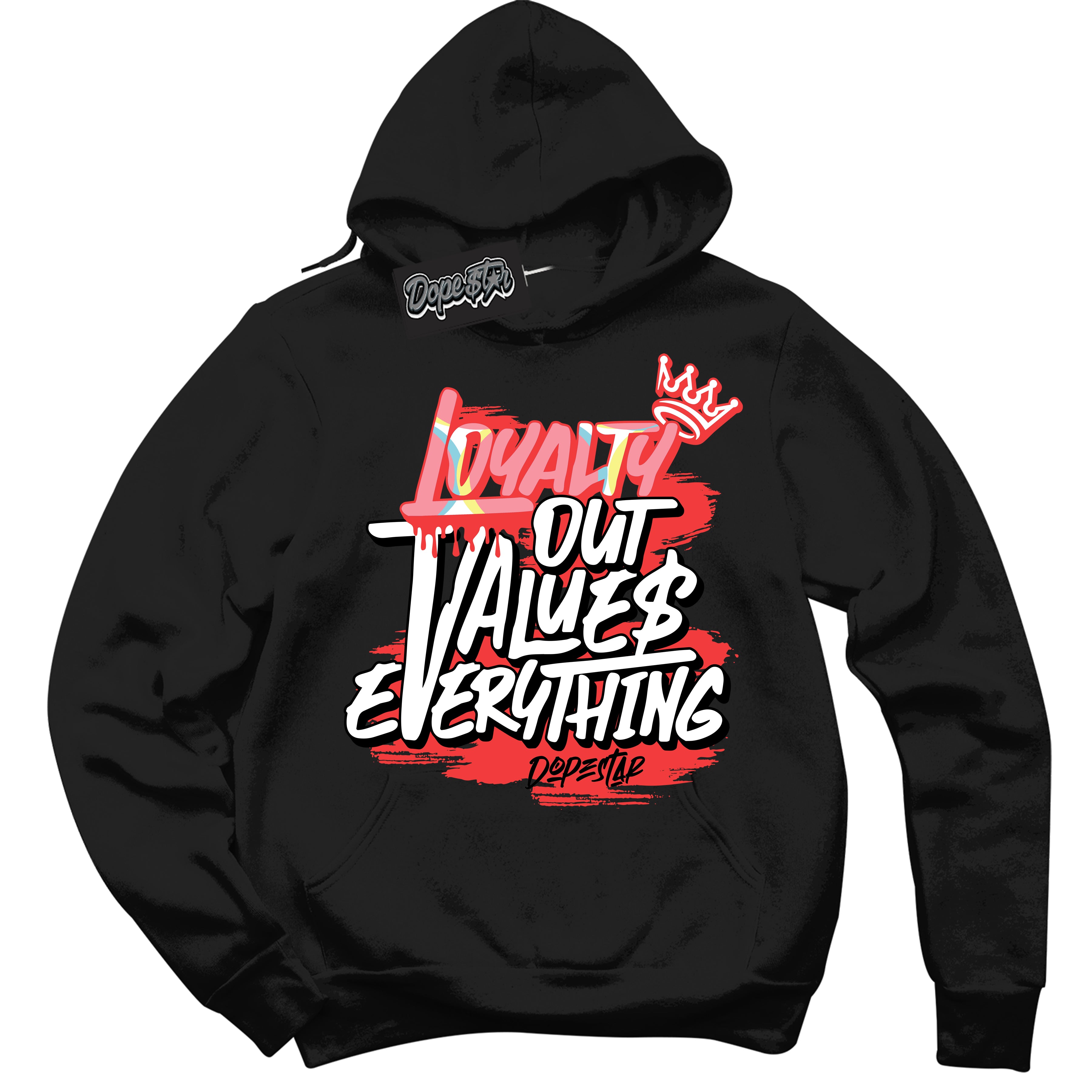 Cool Black Graphic DopeStar Hoodie with “ Loyalty Out Values Everything “ print, that perfectly matches Spider-Verse 1s sneakers