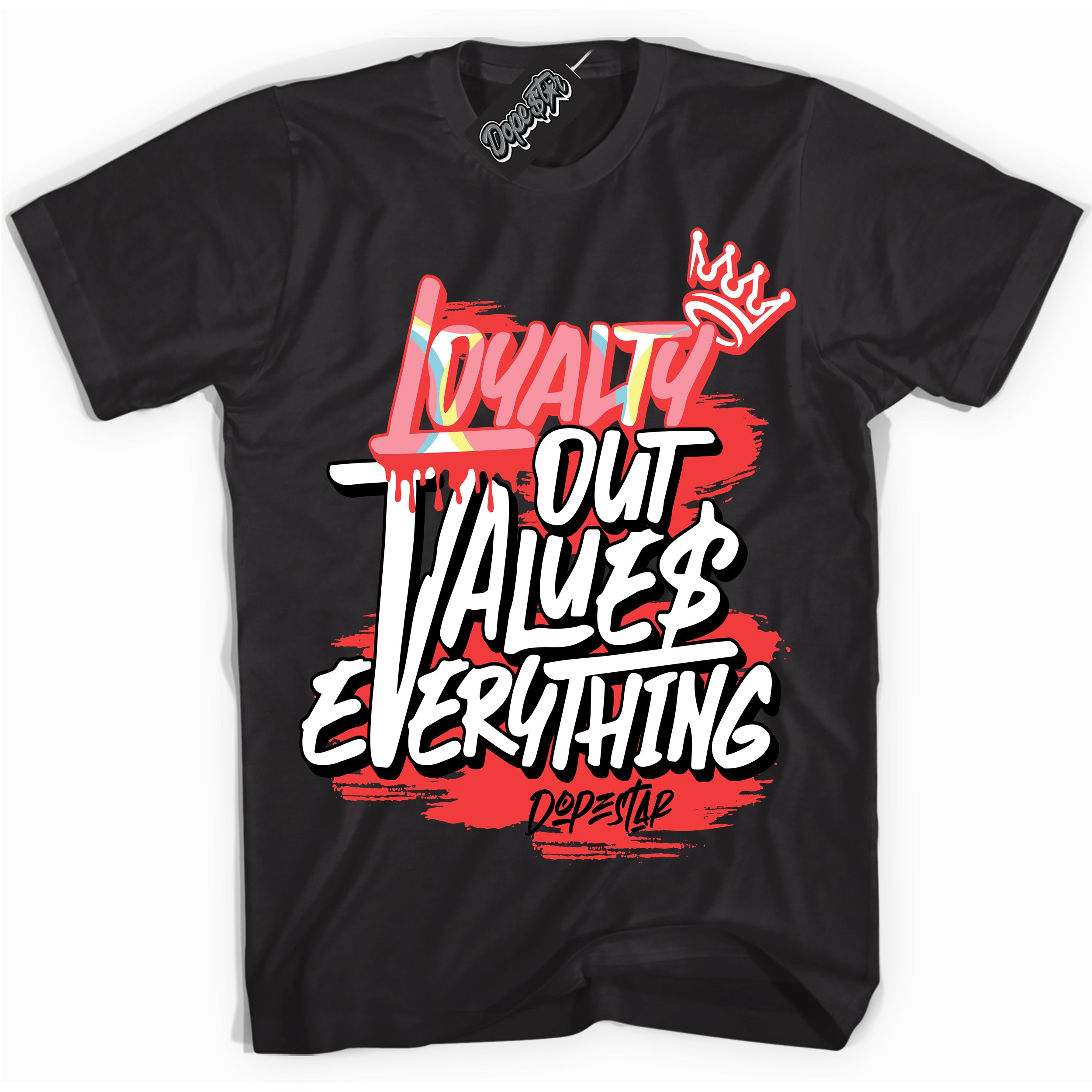 Cool Black graphic tee with “ Loyalty Out Values Everything ” design, that perfectly matches Spider-Verse 1s sneakers 
