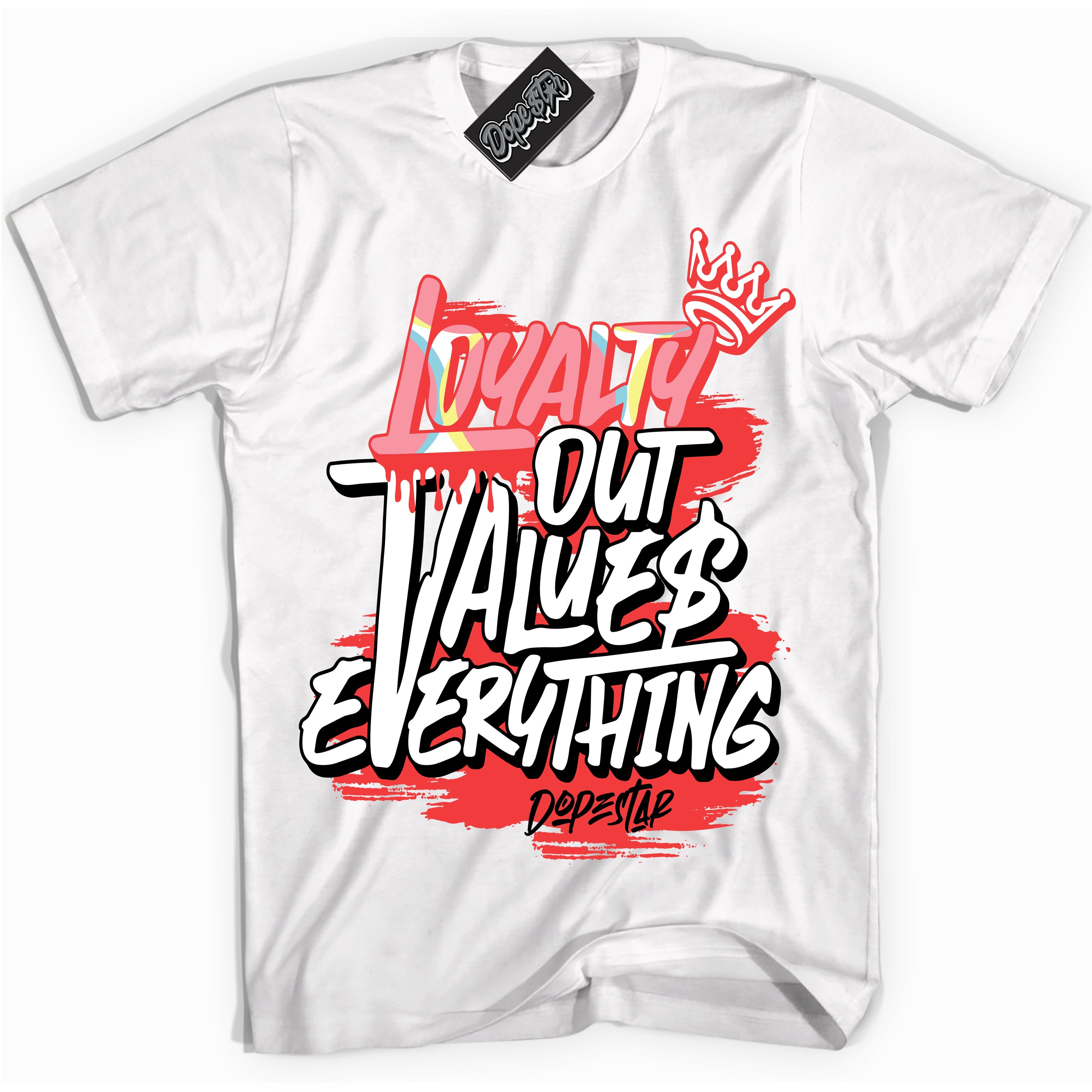 Cool White graphic tee with “ Loyalty Out Values Everything ” design, that perfectly matches Spider-Verse 1s sneakers 