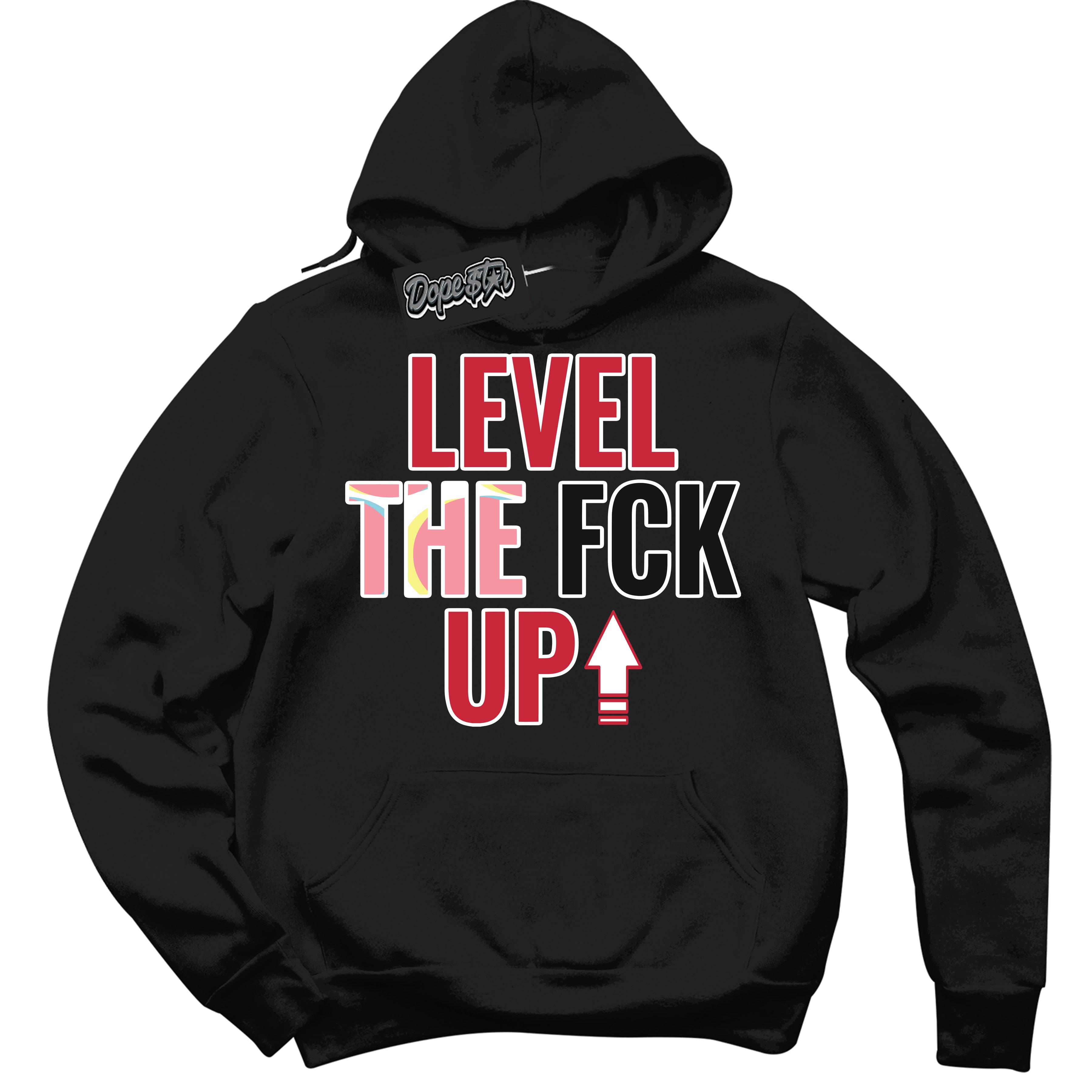 Cool Black Graphic DopeStar Hoodie with “ Level The Fck Up “ print, that perfectly matches Spider-Verse 1s sneakers