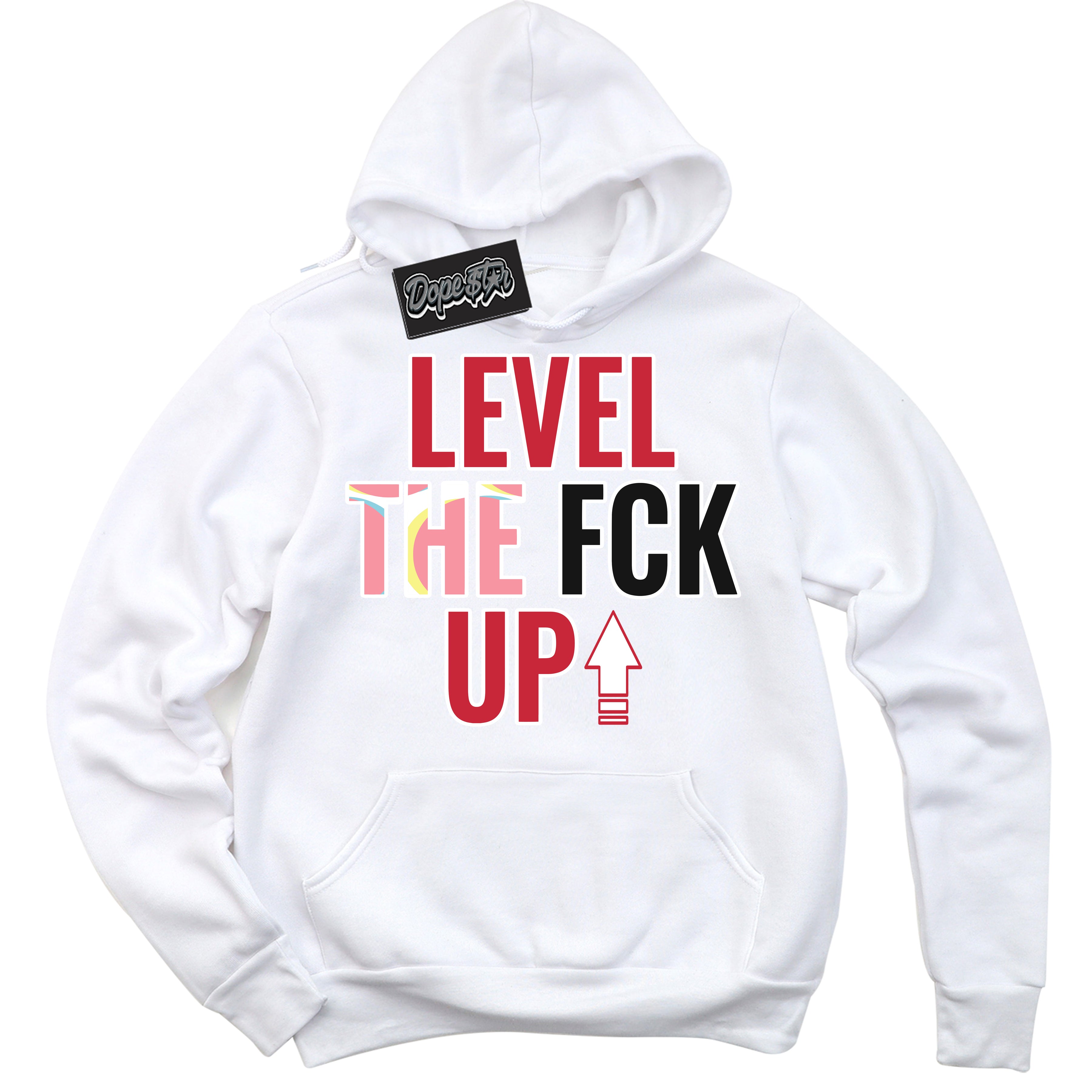 Cool White Graphic DopeStar Hoodie with “ Level The Fck Up “ print, that perfectly matches Spider-Verse 1s sneakers