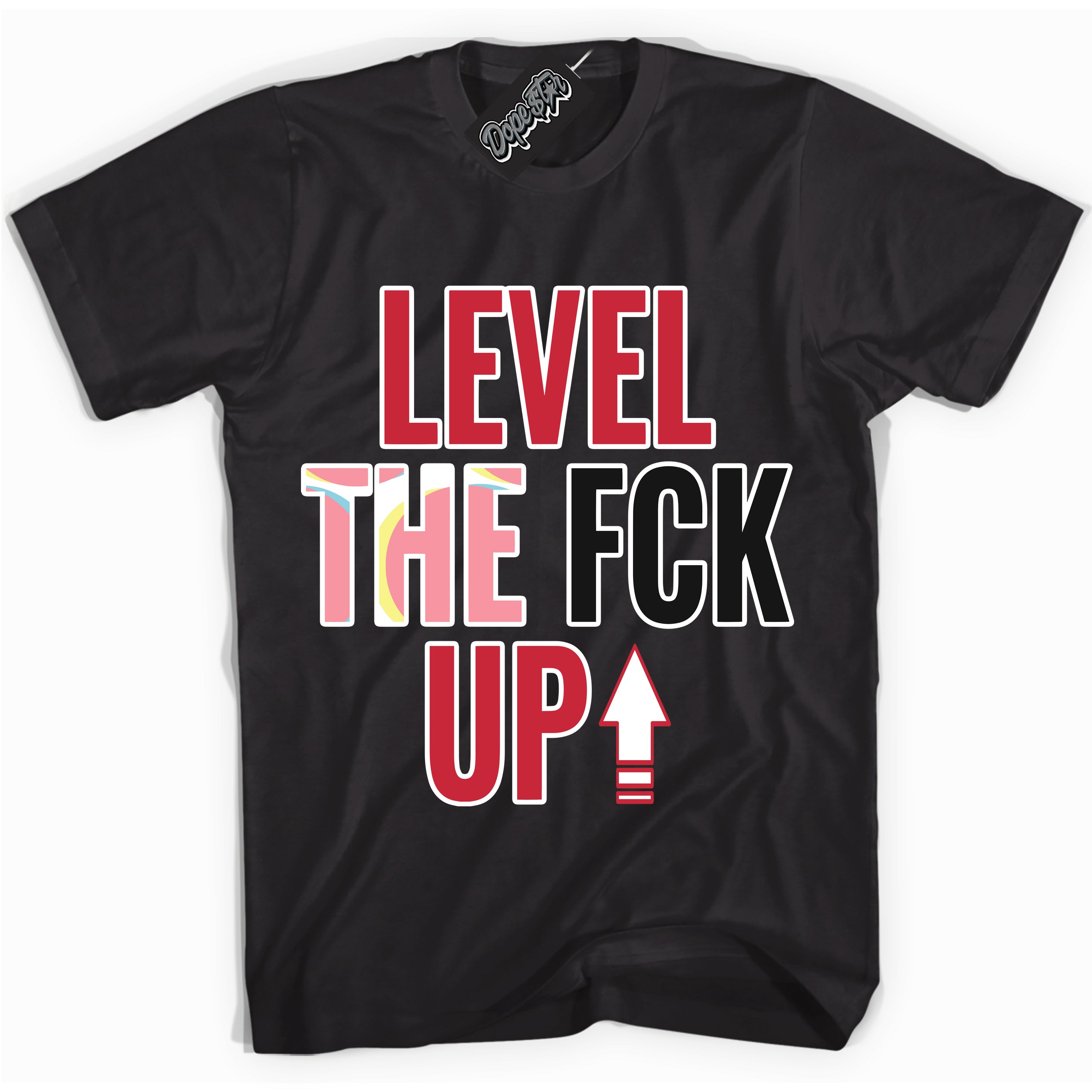 Cool Black graphic tee with “ Level The Fck Up ” design, that perfectly matches Spider-Verse 1s sneakers 