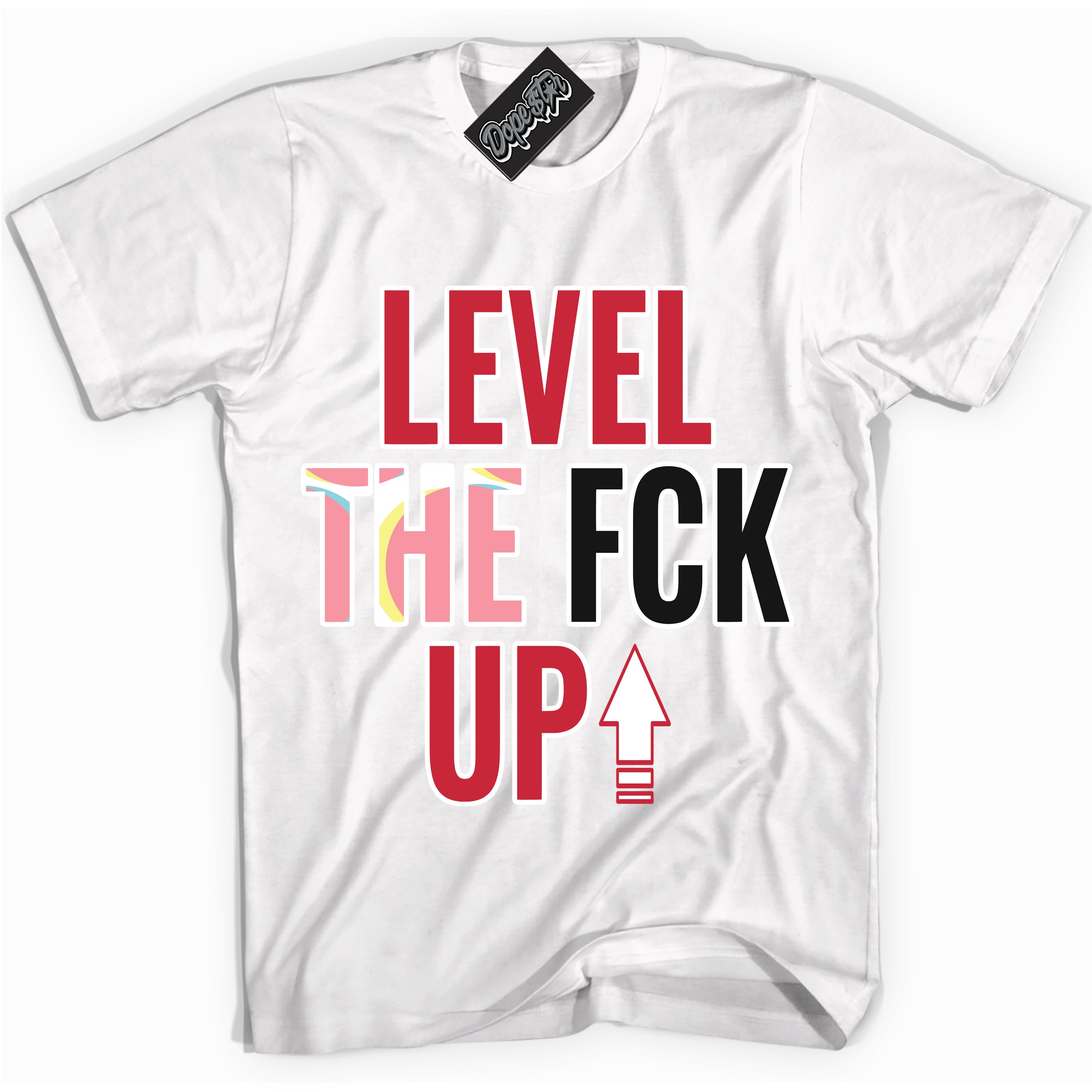 Cool White graphic tee with “ Level The Fck Up ” design, that perfectly matches Spider-Verse 1s sneakers 