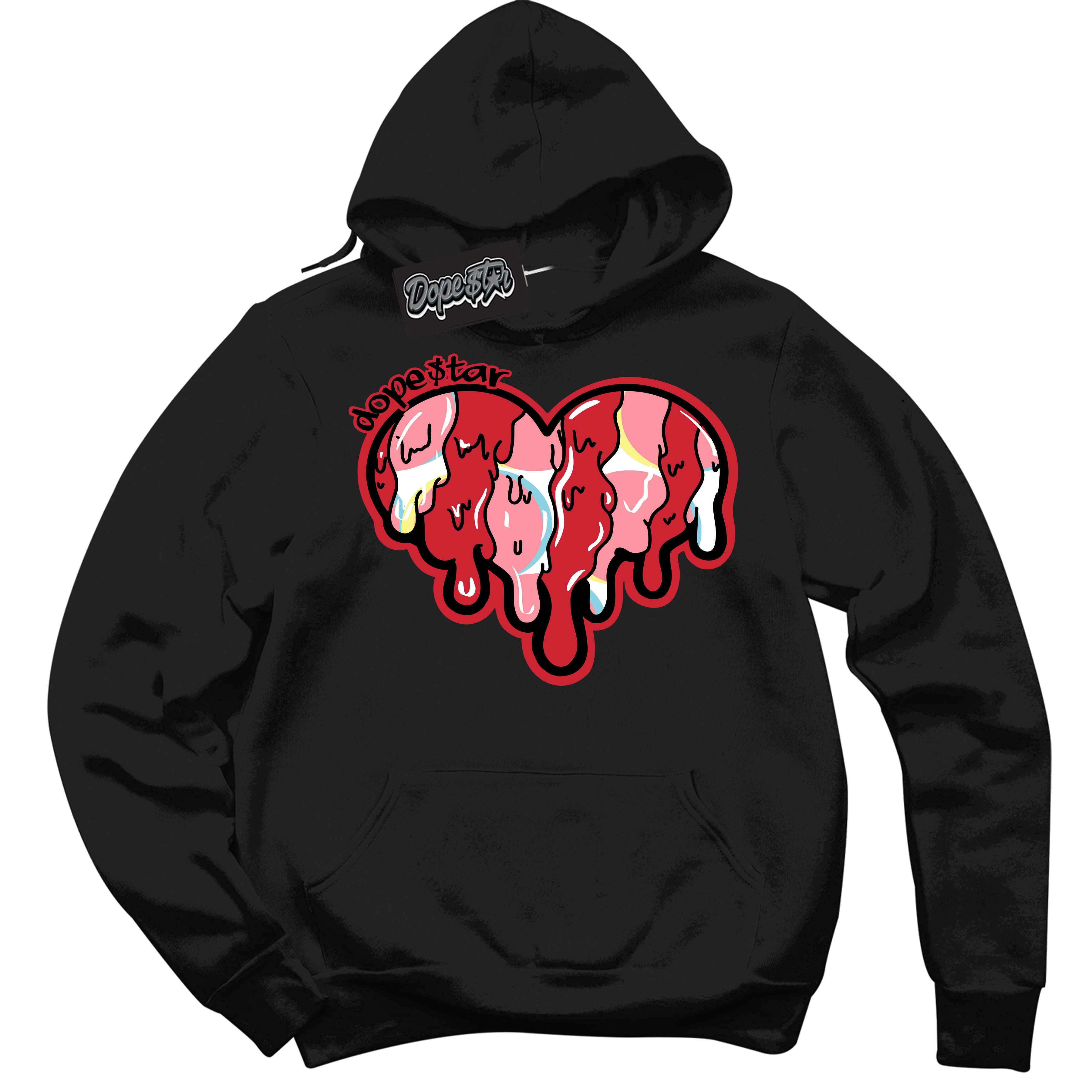 Cool Black Graphic DopeStar Hoodie with “ Melting Heart “ print, that perfectly matches Spider-Verse 1s sneakers