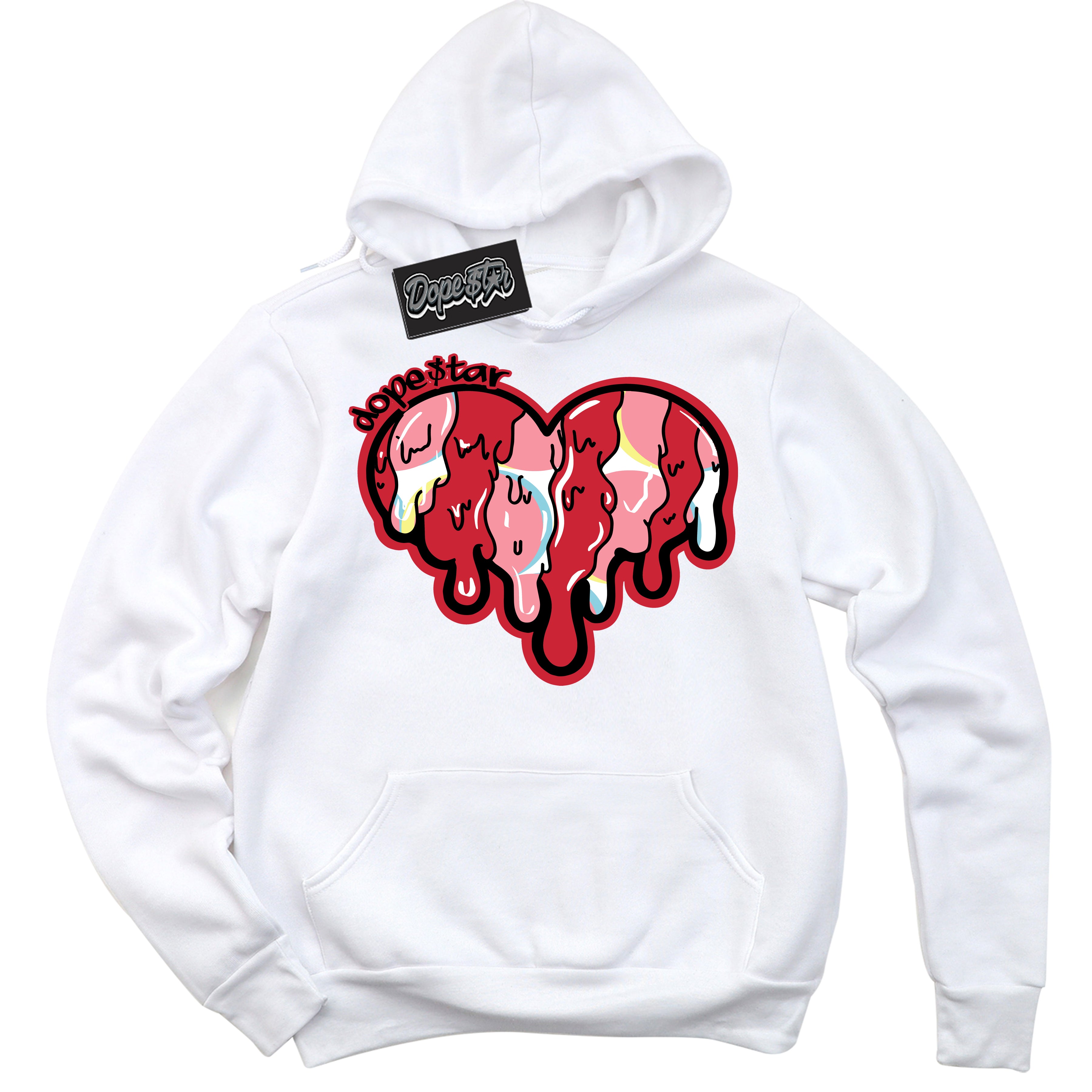 Cool White Graphic DopeStar Hoodie with “ Melting Heart “ print, that perfectly matches Spider-Verse 1s sneakers