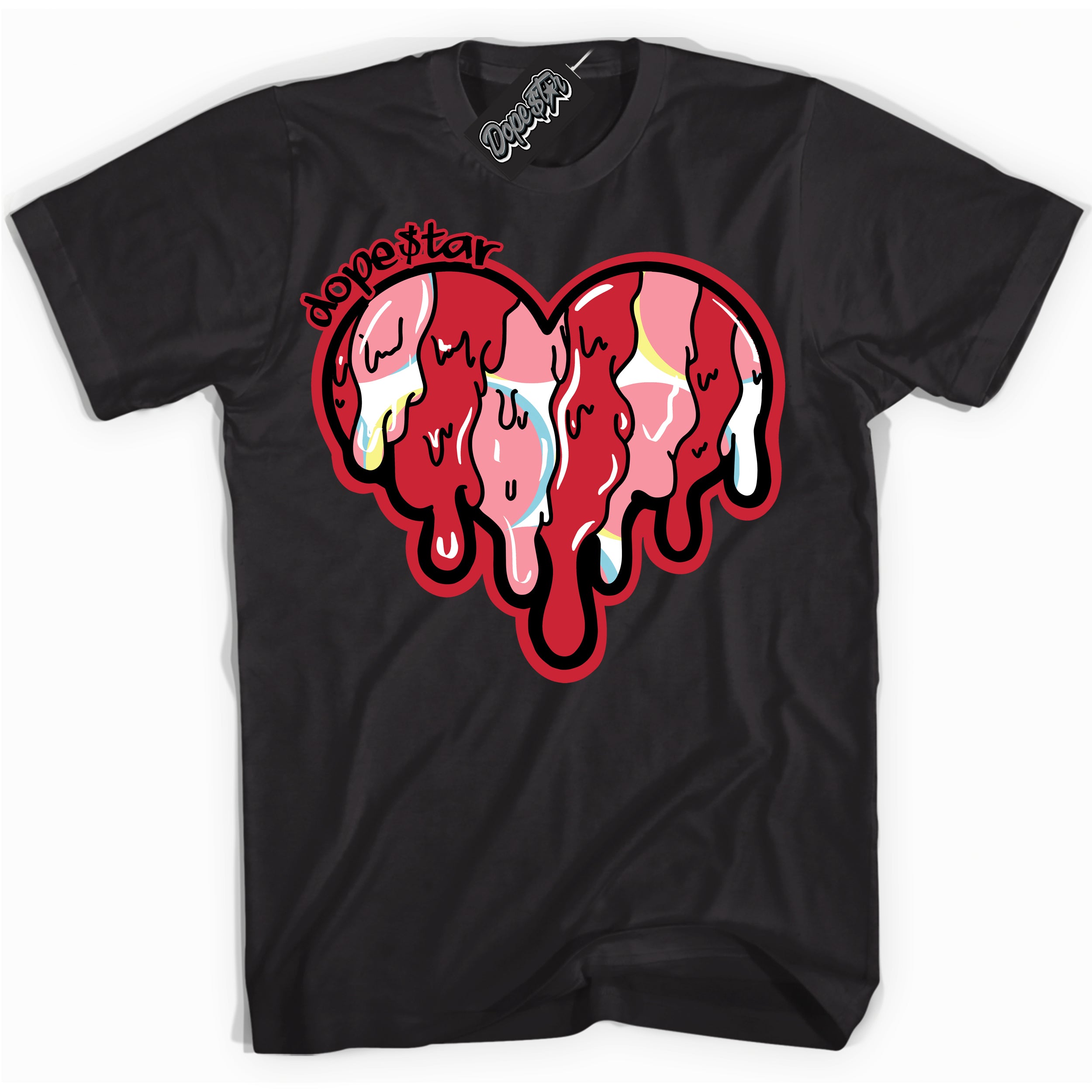 Cool Black graphic tee with “ Melting Heart ” design, that perfectly matches Spider-Verse 1s sneakers 
