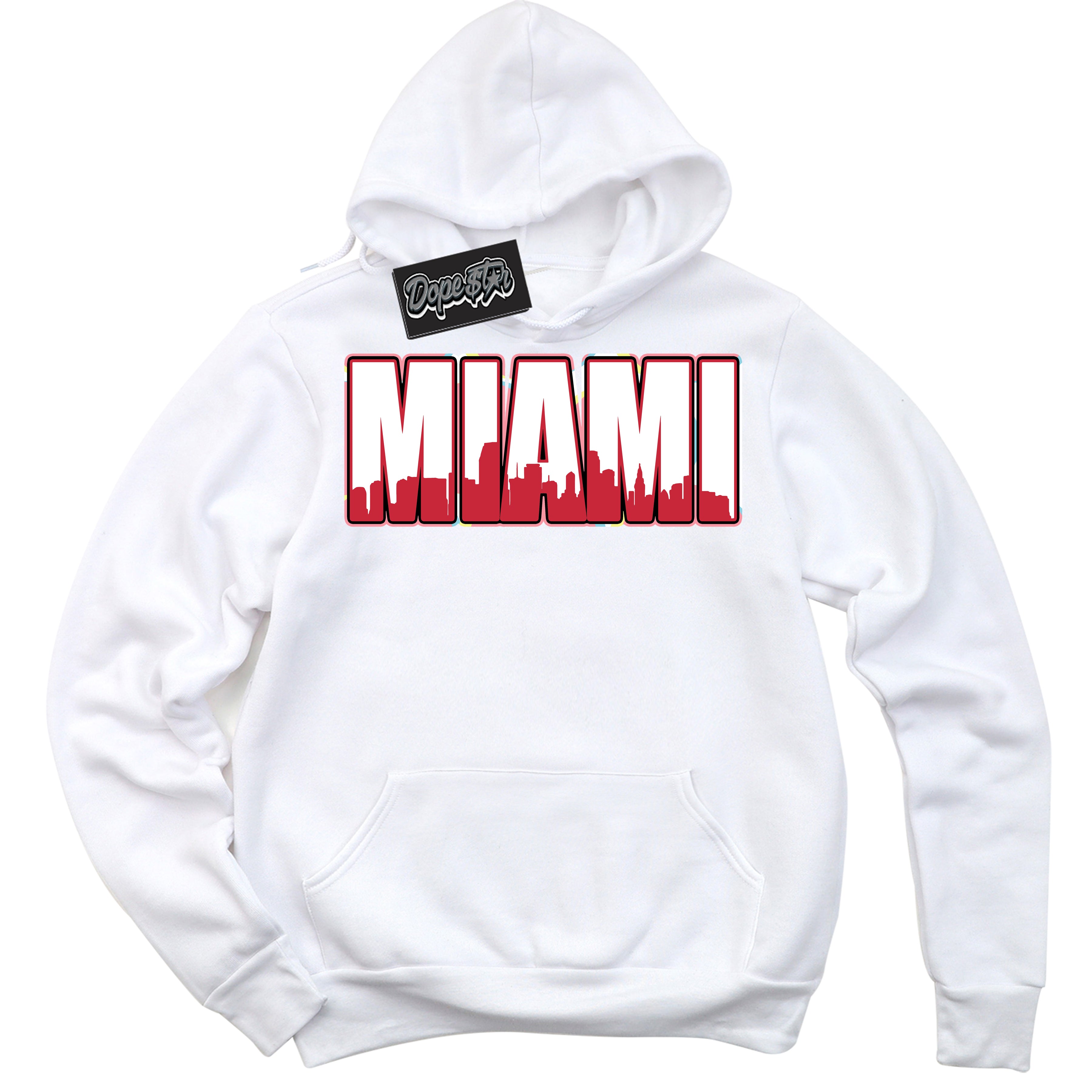 Cool White Graphic DopeStar Hoodie with “ Miami “ print, that perfectly matches Spider-Verse 1s sneakers