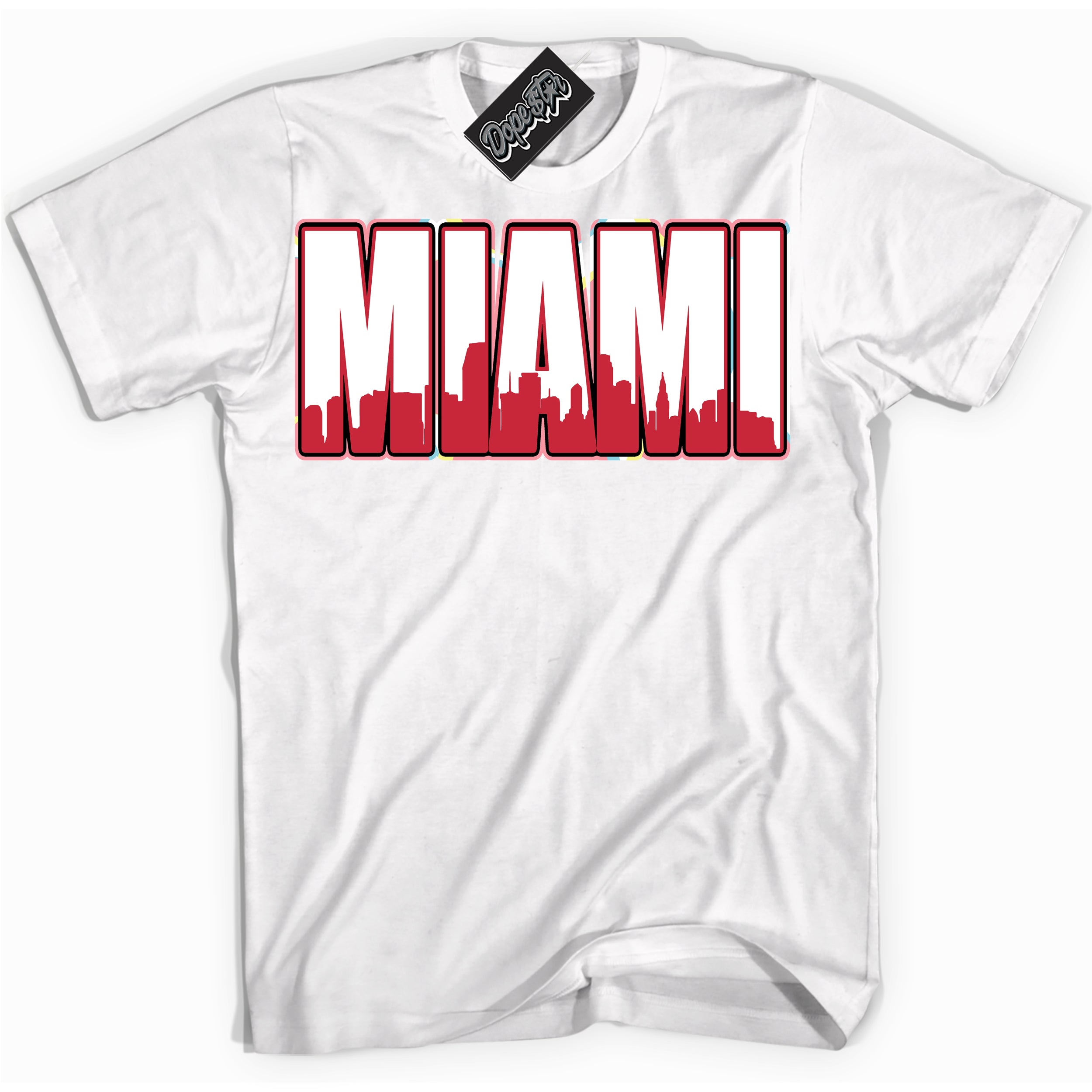 Cool White graphic tee with “ Miami ” design, that perfectly matches Spider-Verse 1s sneakers 