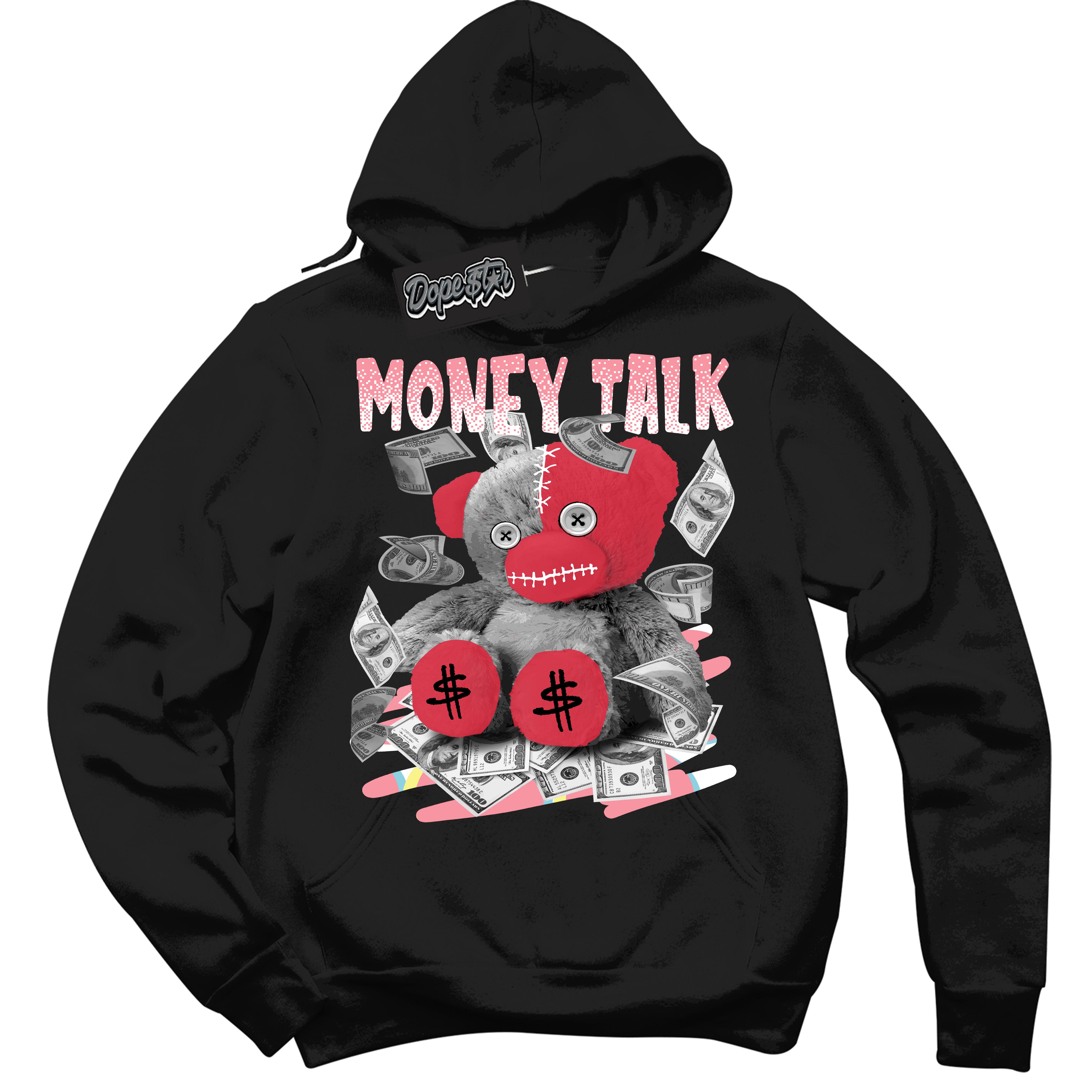 Cool Black Graphic DopeStar Hoodie with “ Money Talk Bear “ print, that perfectly matches Spider-Verse 1s sneakers