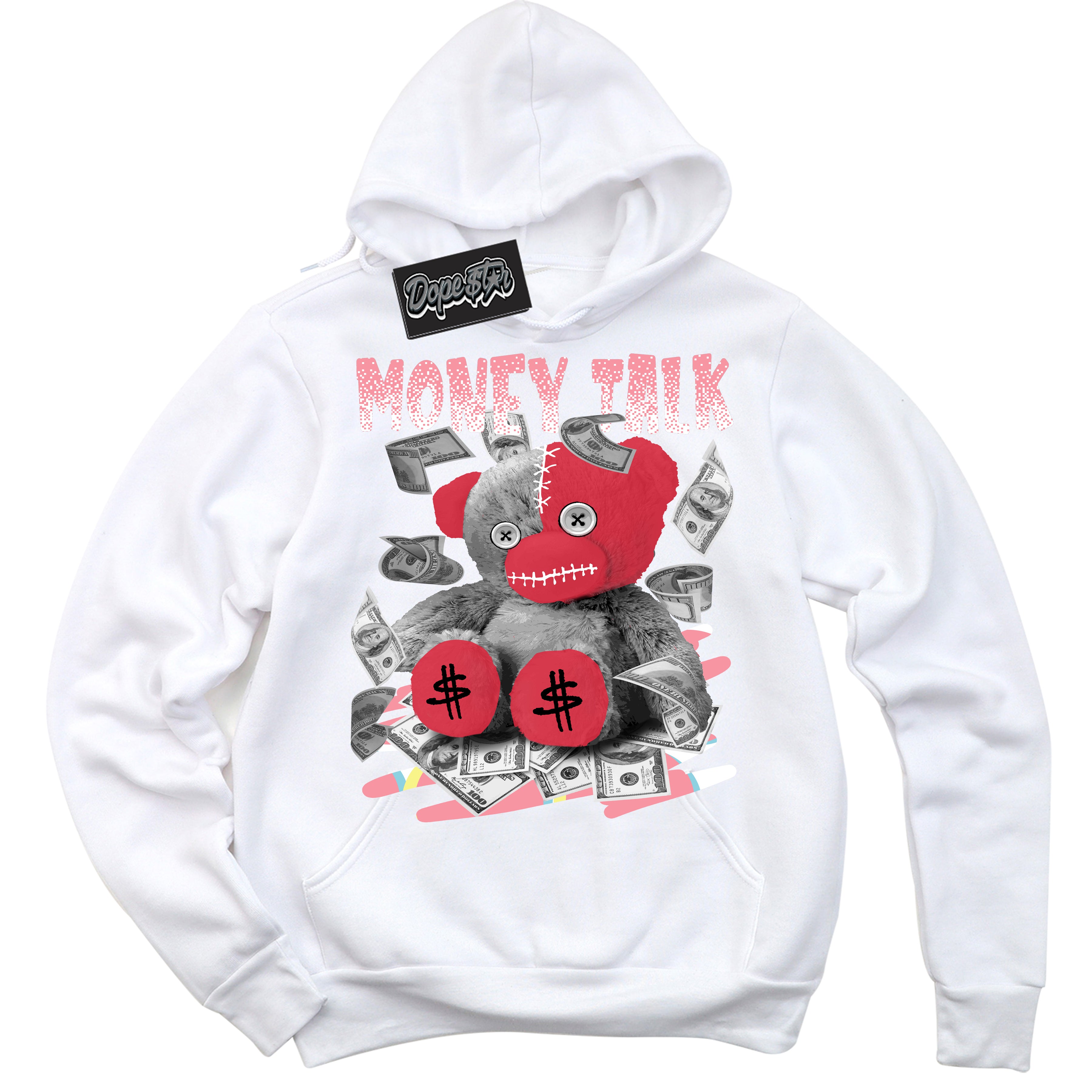 Cool White Graphic DopeStar Hoodie with “ Money Talk Bear “ print, that perfectly matches Spider-Verse 1s sneakers