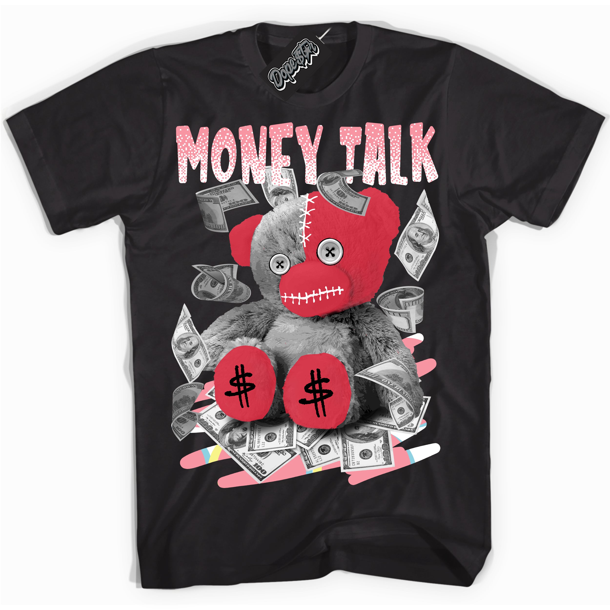 Cool Black graphic tee with “ Money Talk Bear ” design, that perfectly matches Spider-Verse 1s sneakers 