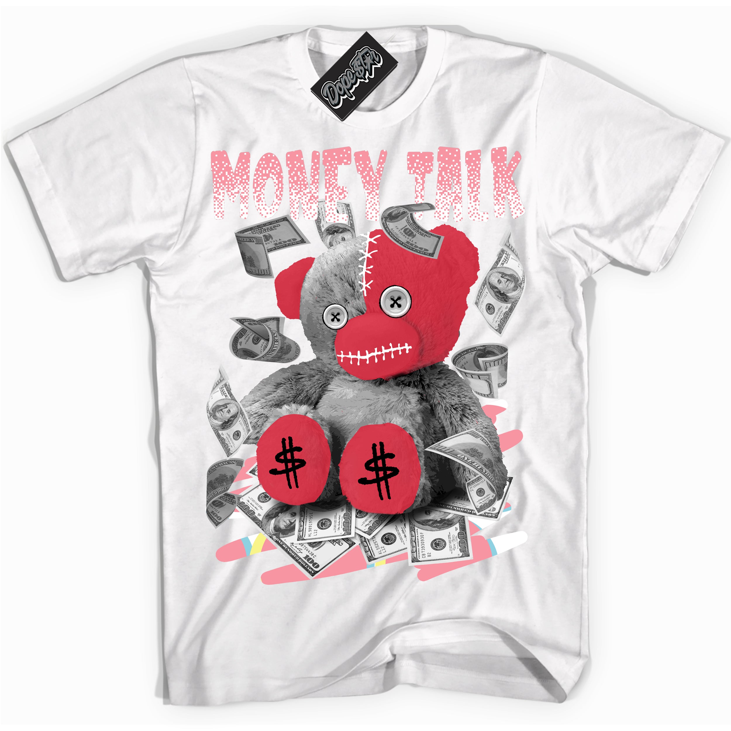 Cool White graphic tee with “ Money Talk Bear ” design, that perfectly matches Spider-Verse 1s sneakers 