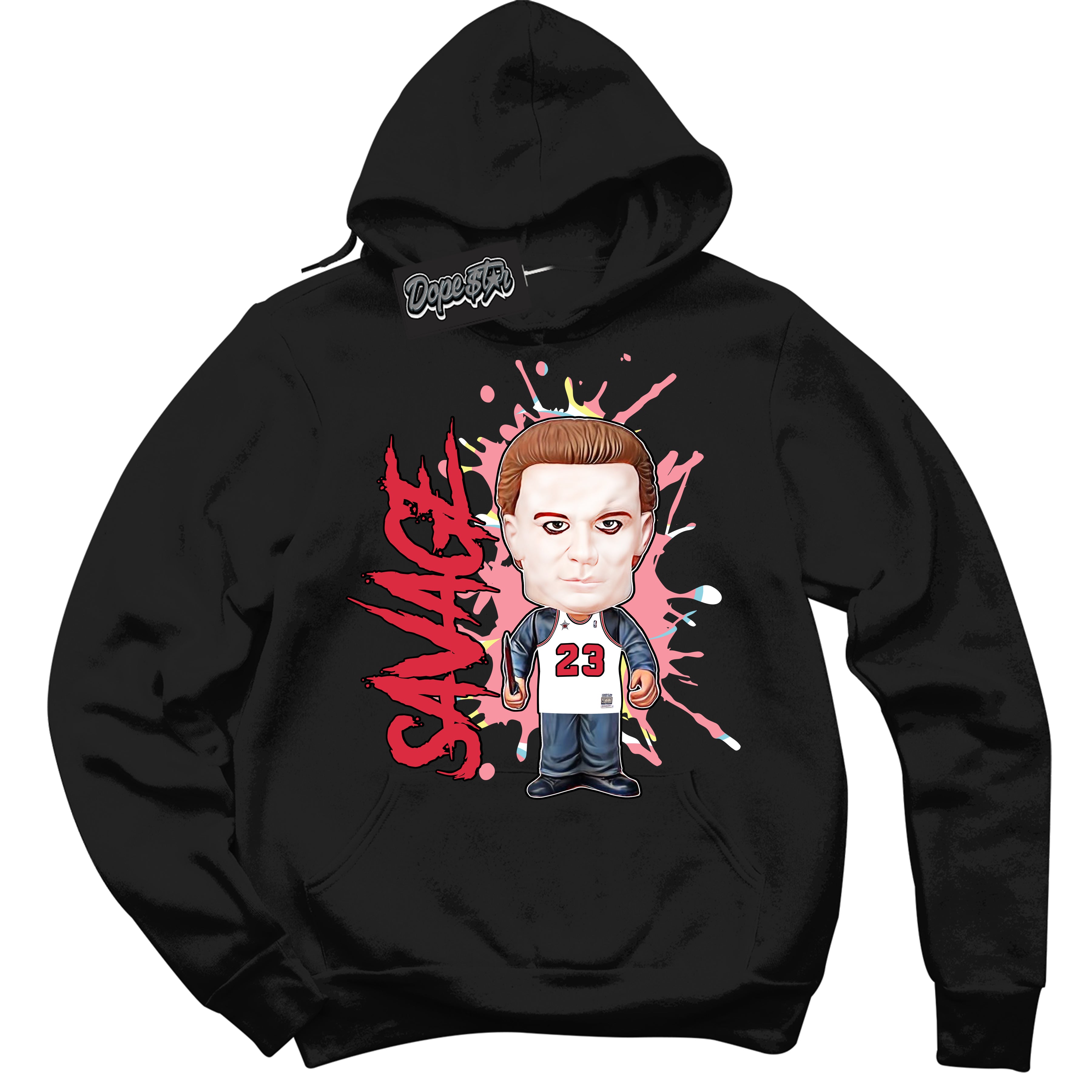 Cool Black Graphic DopeStar Hoodie with “ Michael Myers Savage “ print, that perfectly matches Spider-Verse 1s sneakers