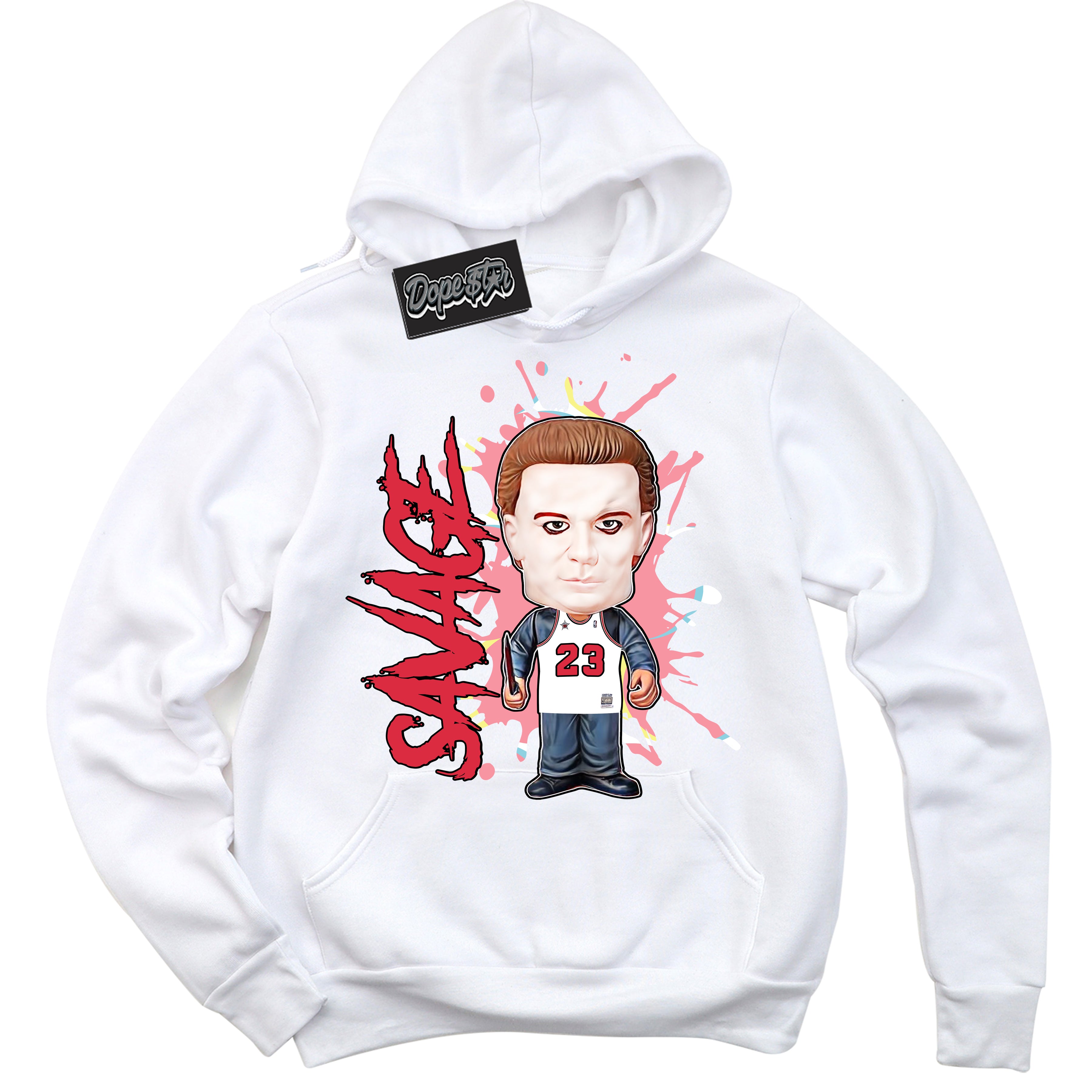 Cool White Graphic DopeStar Hoodie with “ Michael Myers Savage “ print, that perfectly matches Spider-Verse 1s sneakers