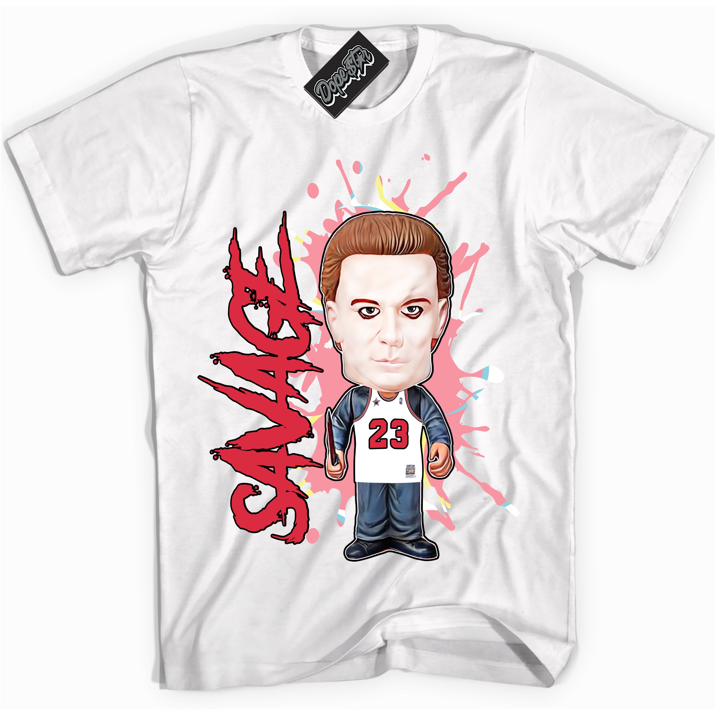 Cool White graphic tee with “ Michael Myers Savage ” design, that perfectly matches Spider-Verse 1s sneakers 