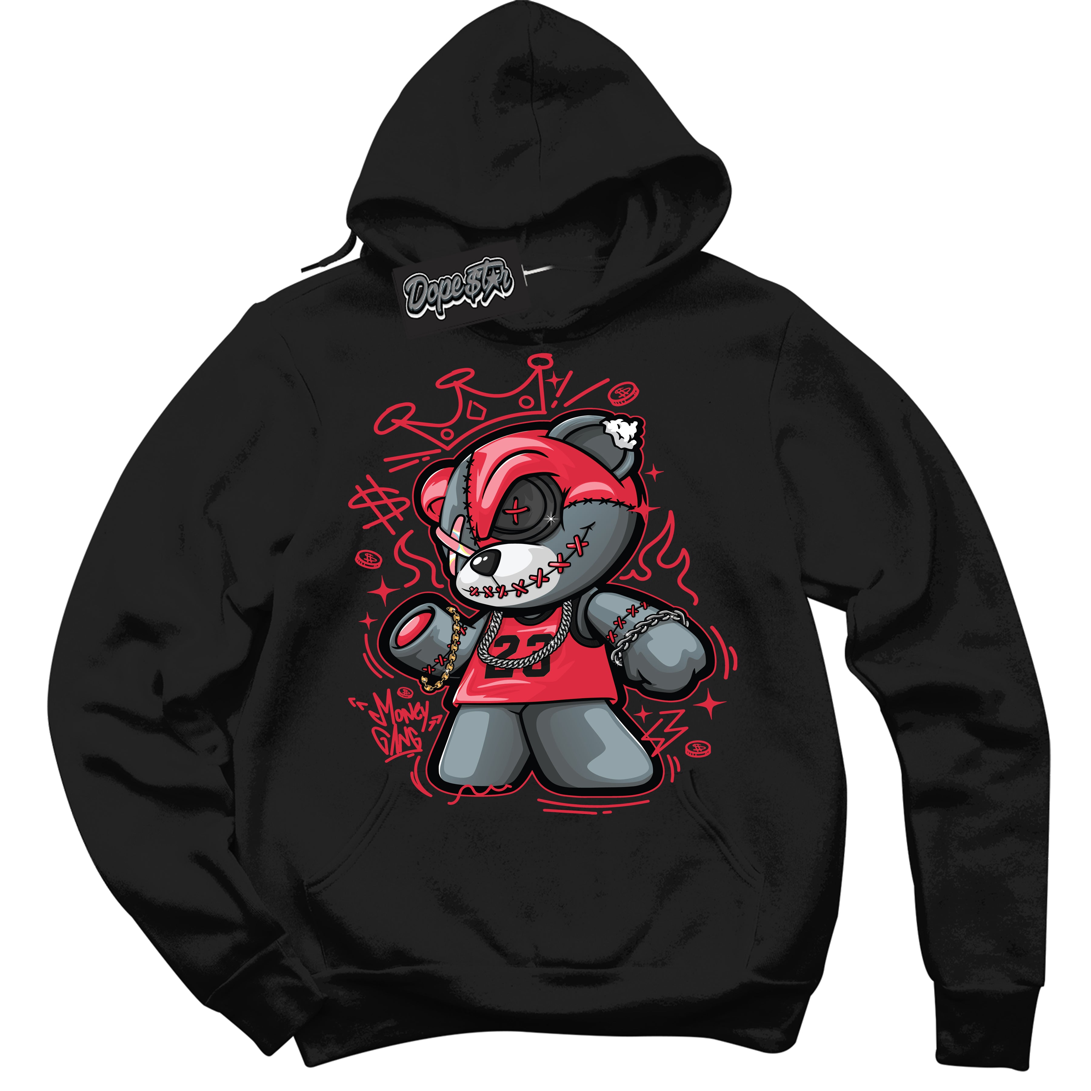 Cool Black Graphic DopeStar Hoodie with “ Money Gang Bear “ print, that perfectly matches Spider-Verse 1s sneakers