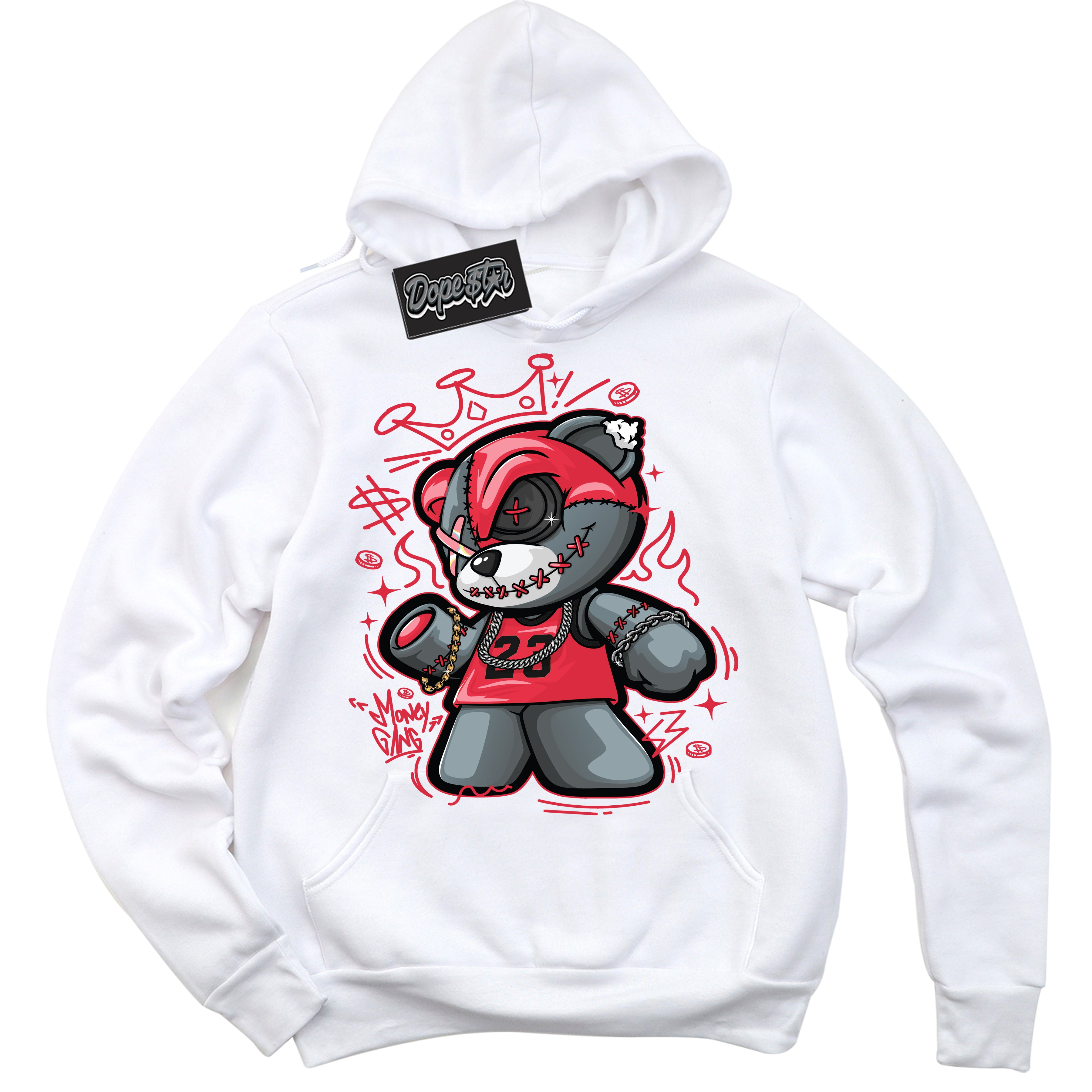 Cool White Graphic DopeStar Hoodie with “ Money Gang Bear “ print, that perfectly matches Spider-Verse 1s sneakers
