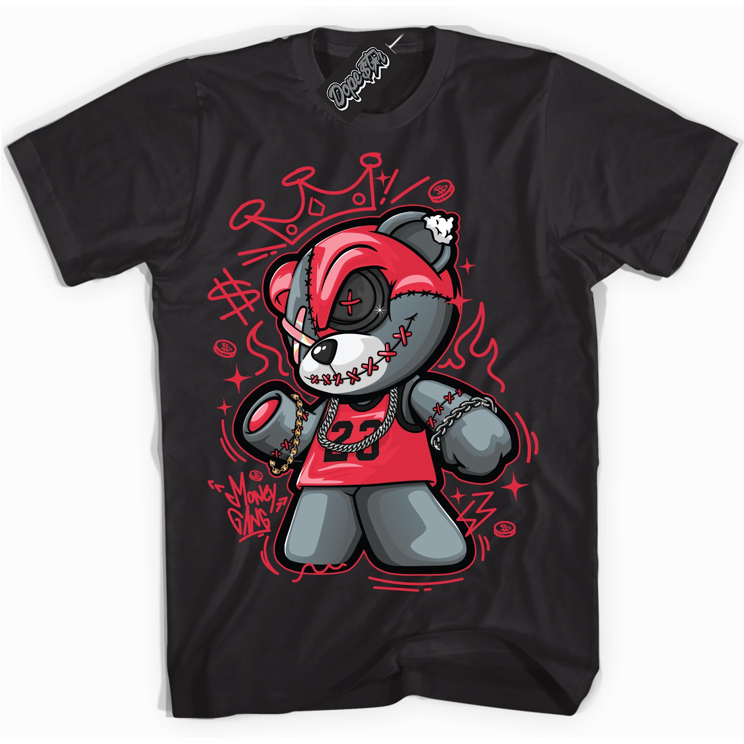 Cool Black graphic tee with “ Money Gang Bear ” design, that perfectly matches Spider-Verse 1s sneakers 