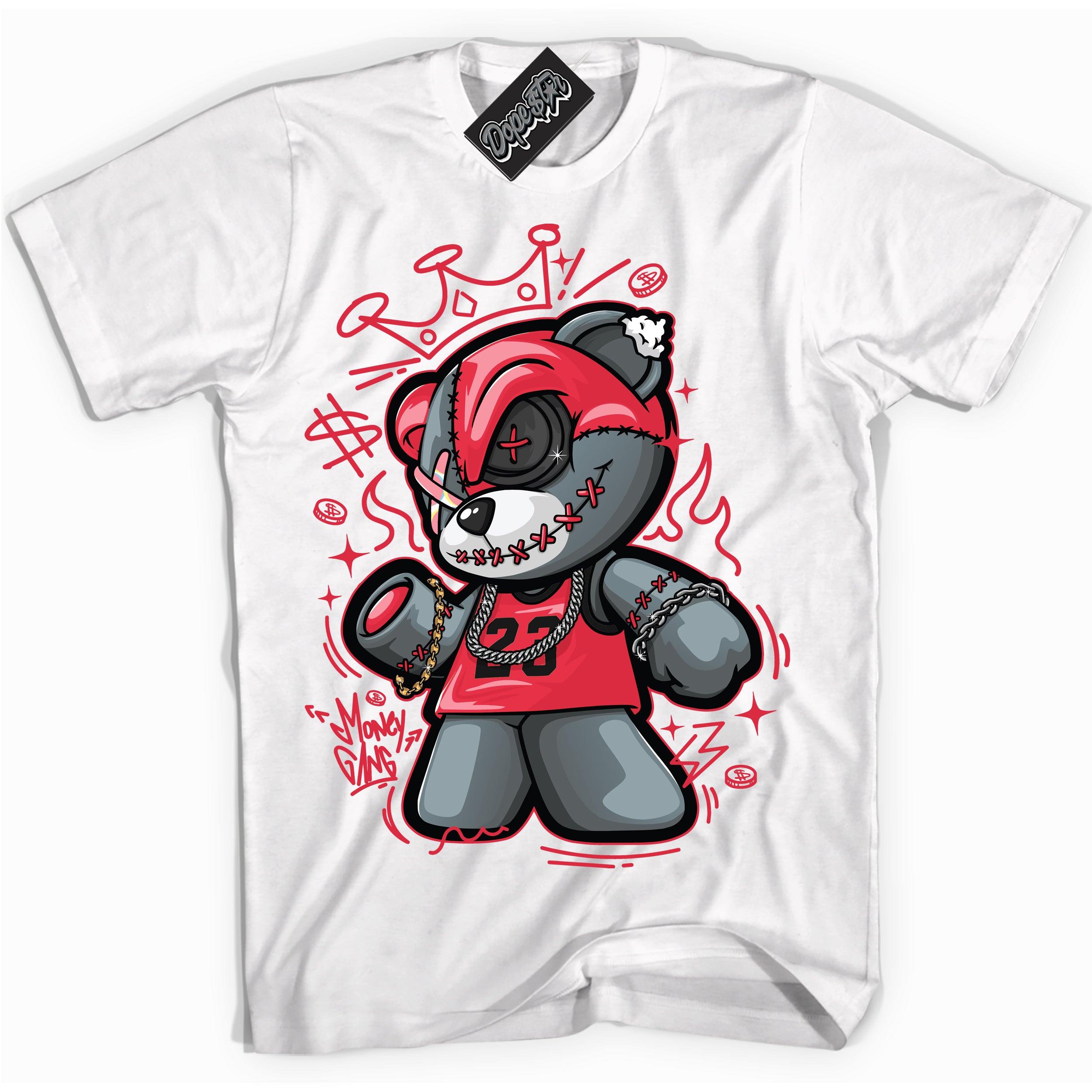 Cool White graphic tee with “ Money Gang Bear ” design, that perfectly matches Spider-Verse 1s sneakers 