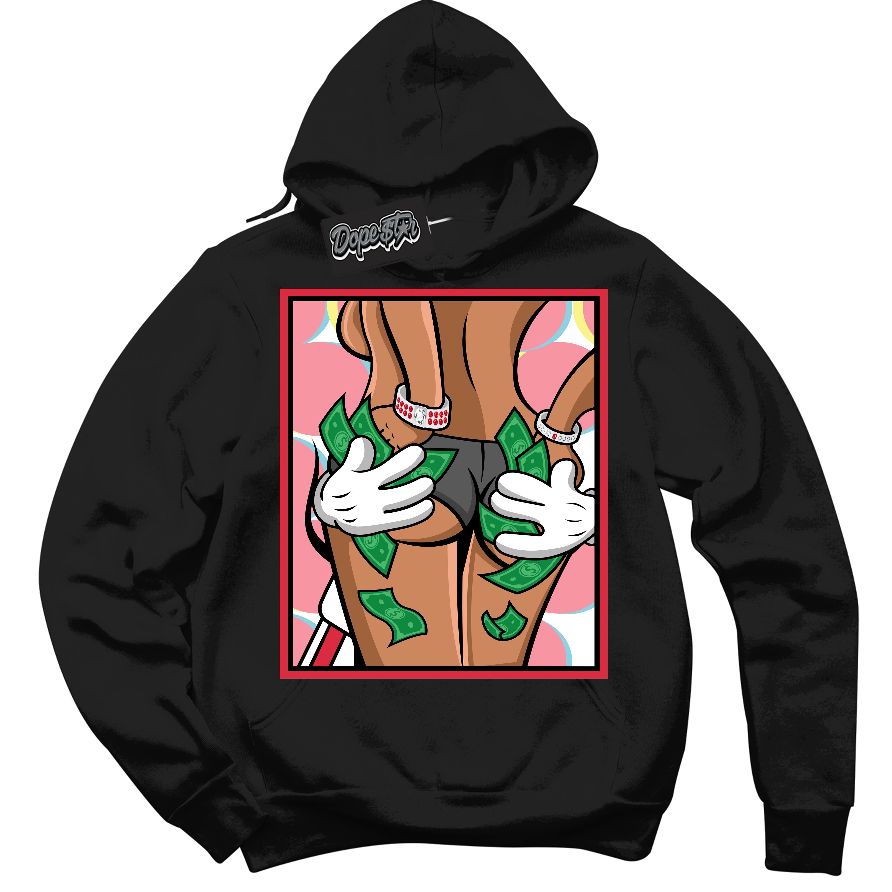 Cool Black Graphic DopeStar Hoodie with “ Money Hands “ print, that perfectly matches Spider-Verse 1s sneakers