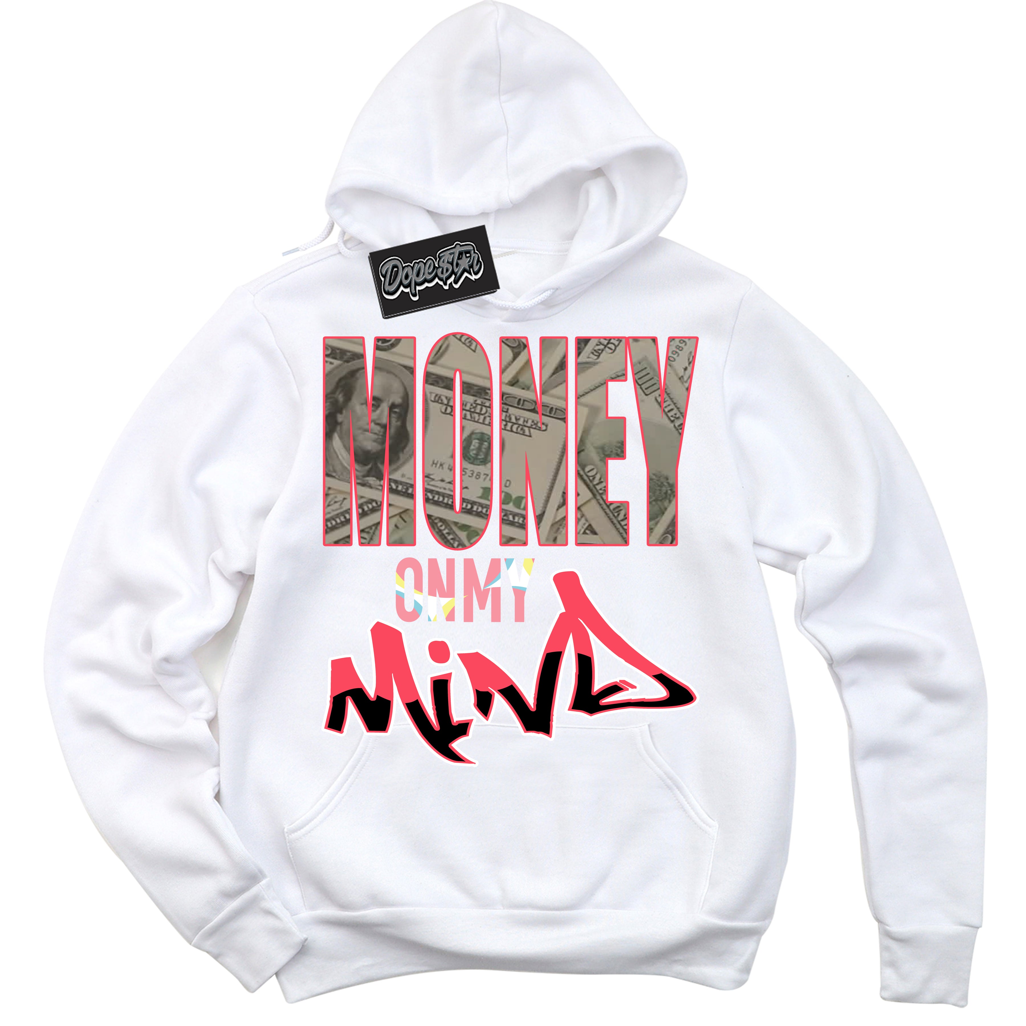 Cool White Graphic DopeStar Hoodie with “ Money On My Mind “ print, that perfectly matches Spider-Verse 1s sneakers