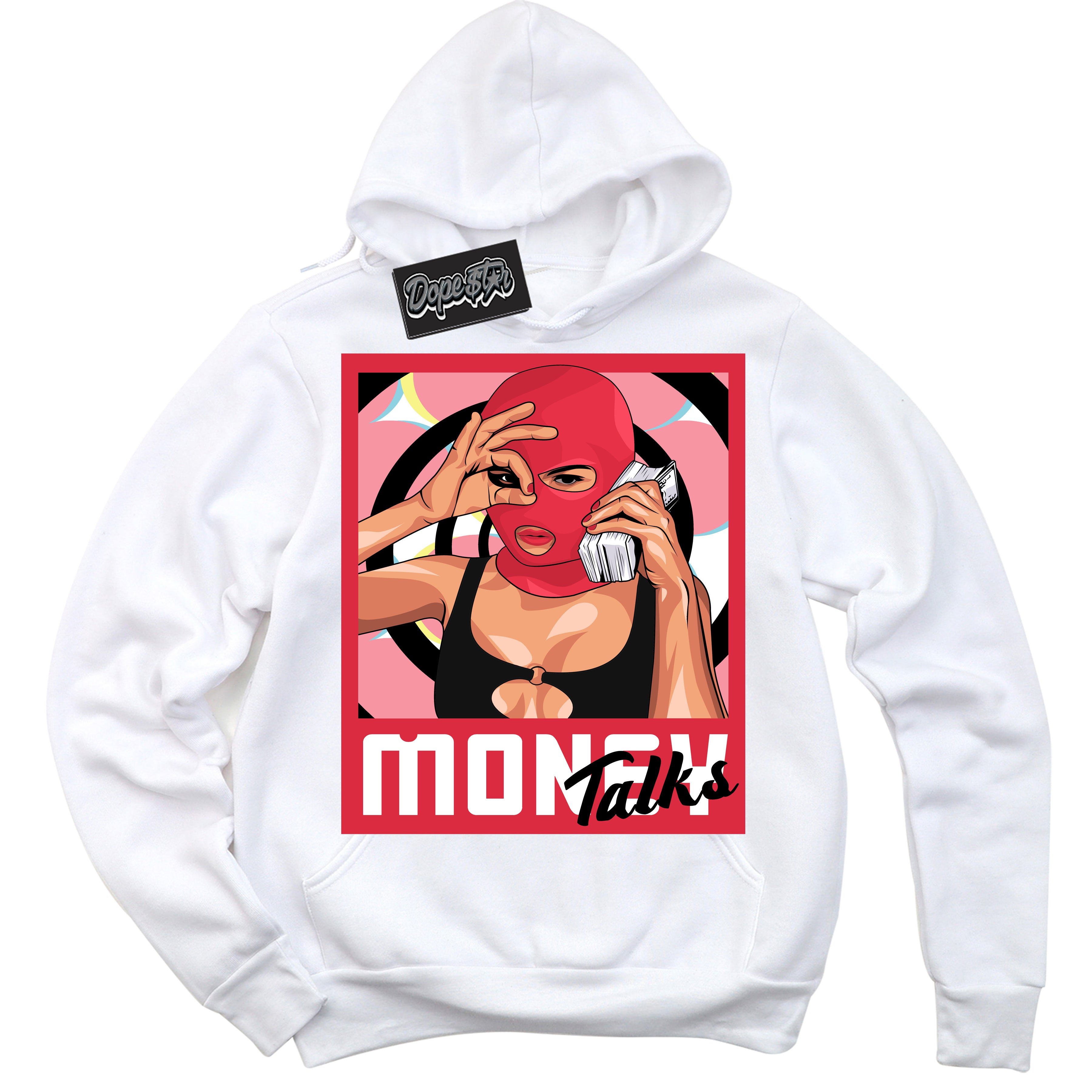 Cool White Graphic DopeStar Hoodie with “ Money Talks “ print, that perfectly matches Spider-Verse 1s sneakers