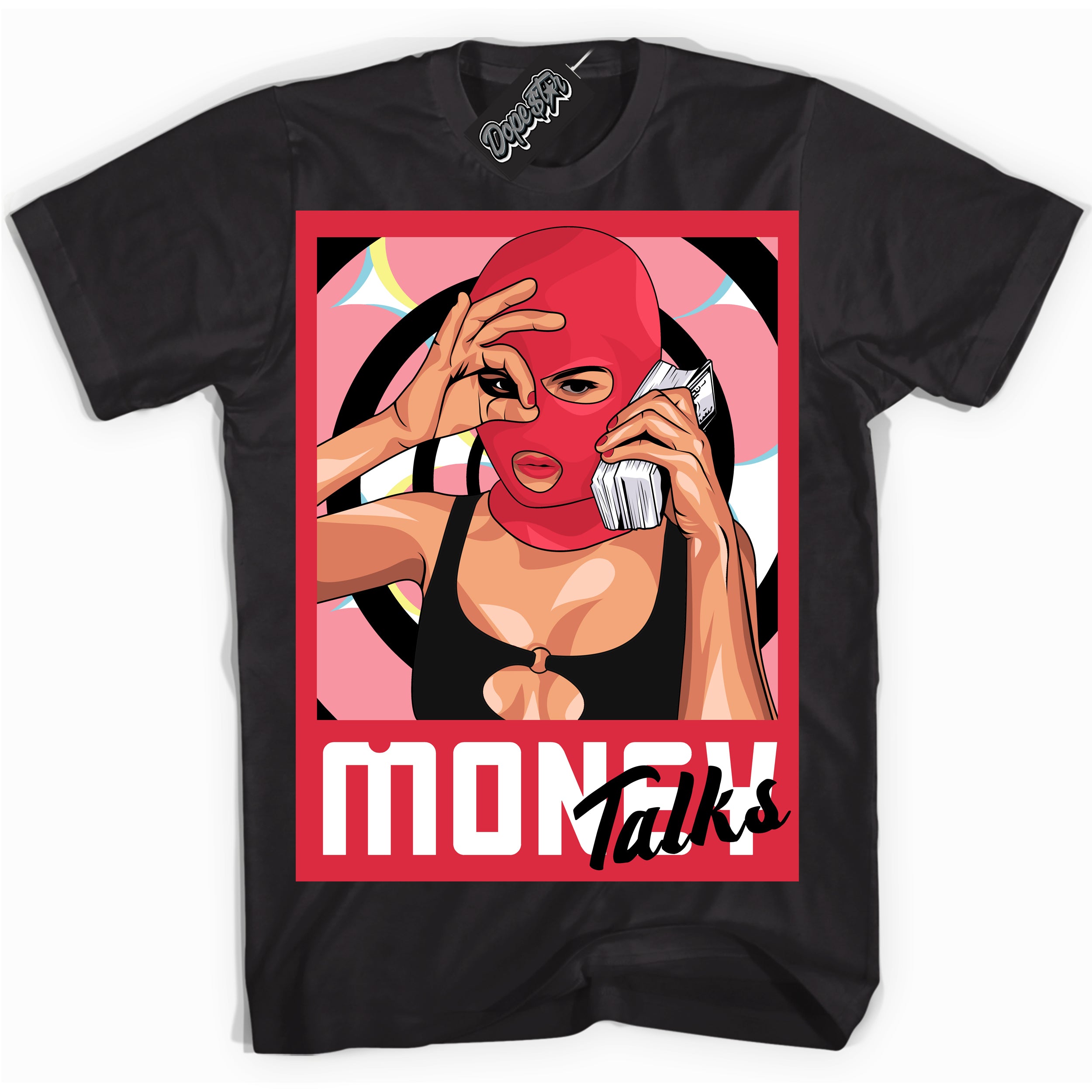 Cool Black graphic tee with “ Money Talks ” design, that perfectly matches Spider-Verse 1s sneakers 