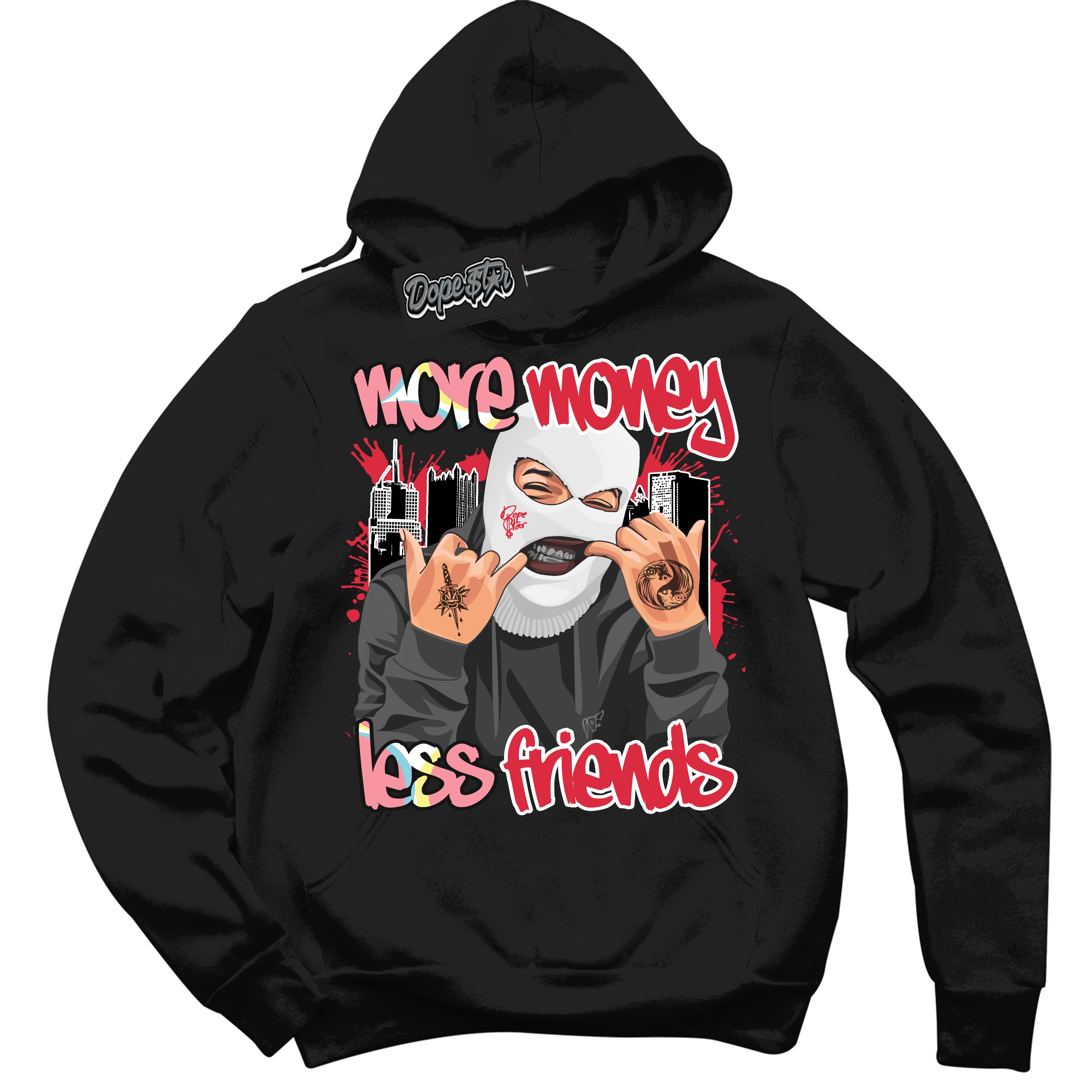 Cool Black Graphic DopeStar Hoodie with “ More Money Less Friends “ print, that perfectly matches Spider-Verse 1s sneakers