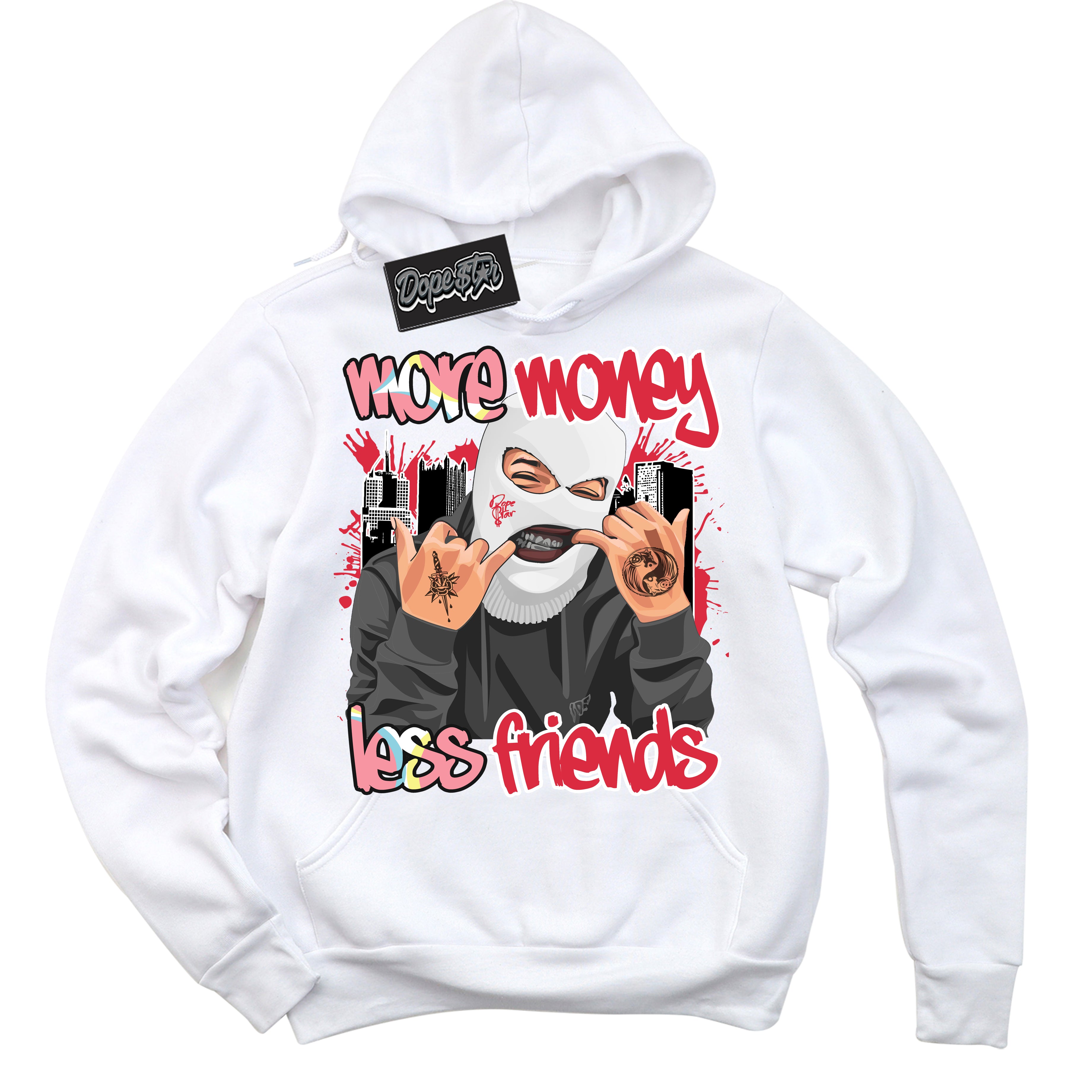 Cool White Graphic DopeStar Hoodie with “ More Money Less Friends “ print, that perfectly matches Spider-Verse 1s sneakers