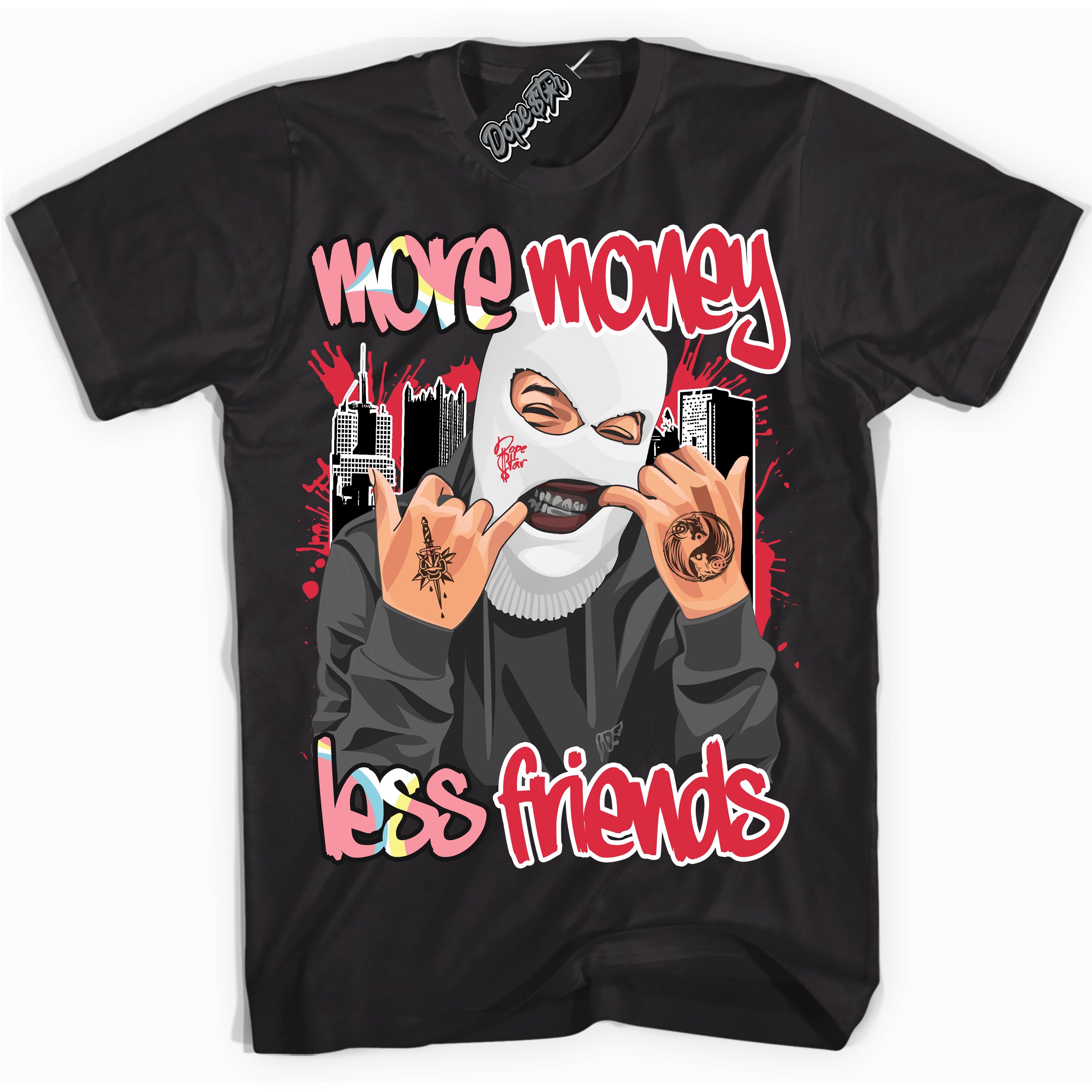 Cool Black graphic tee with “ More Money Less Friends ” design, that perfectly matches Spider-Verse 1s sneakers 