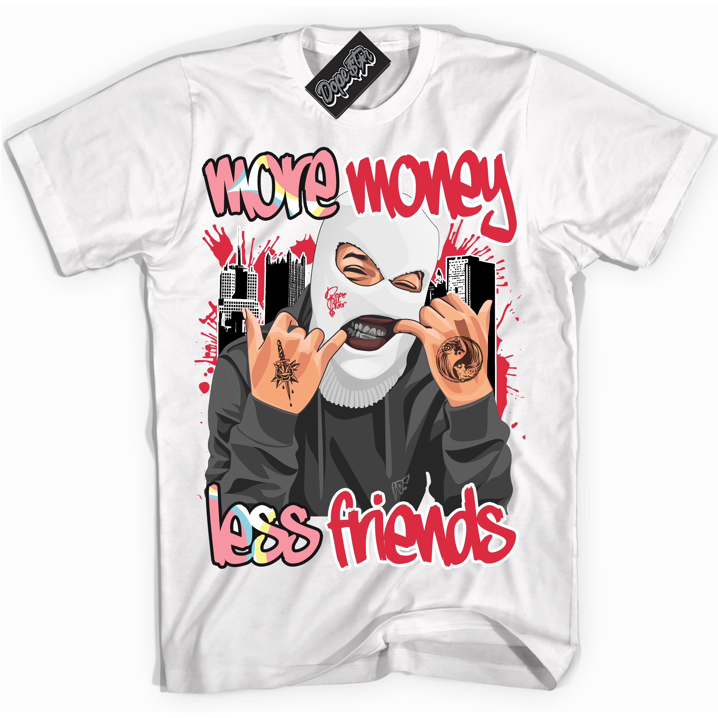 Cool White graphic tee with “ More Money Less Friends ” design, that perfectly matches Spider-Verse 1s sneakers 