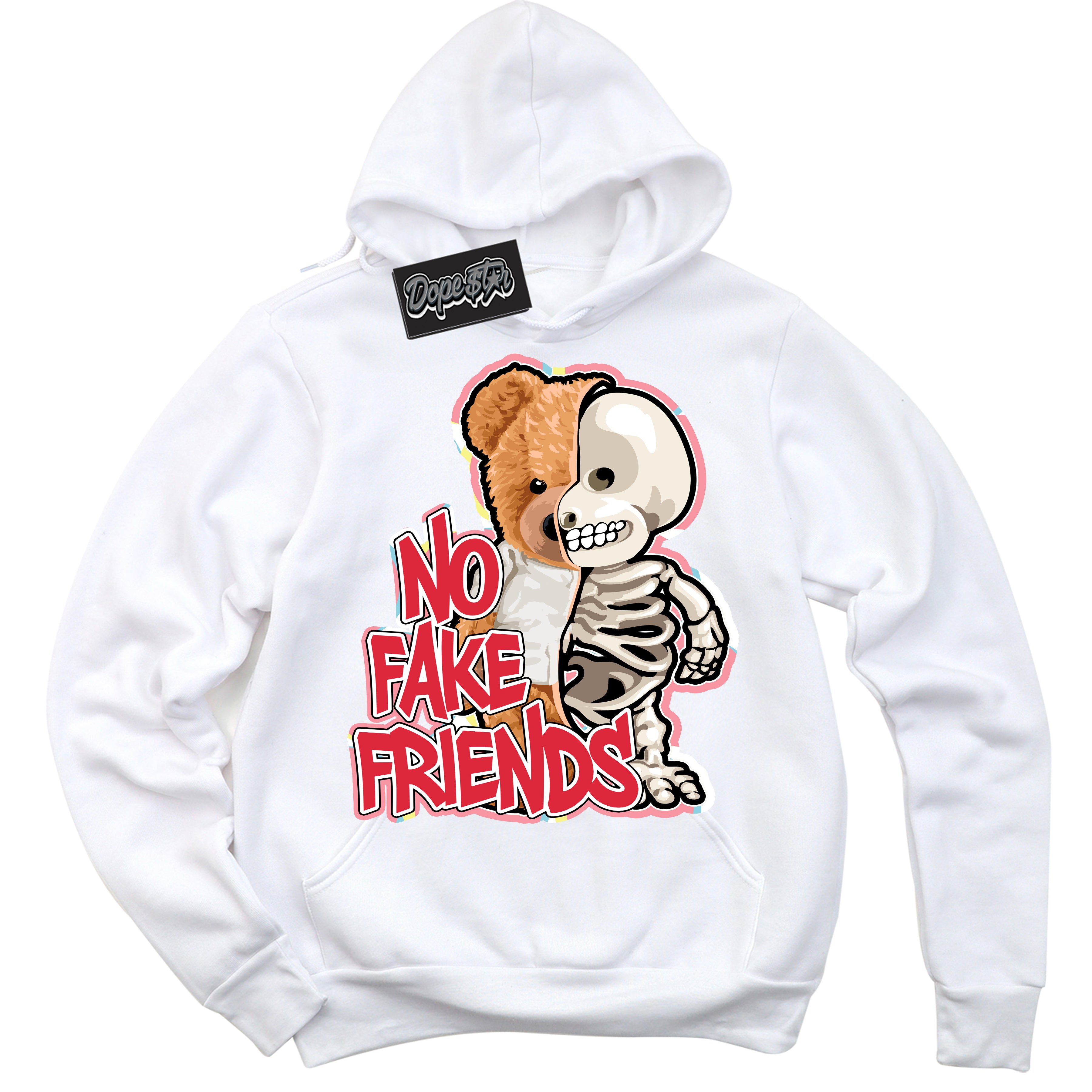 Cool White Graphic DopeStar Hoodie with “ No Fake Friends “ print, that perfectly matches Spider-Verse 1s sneakers