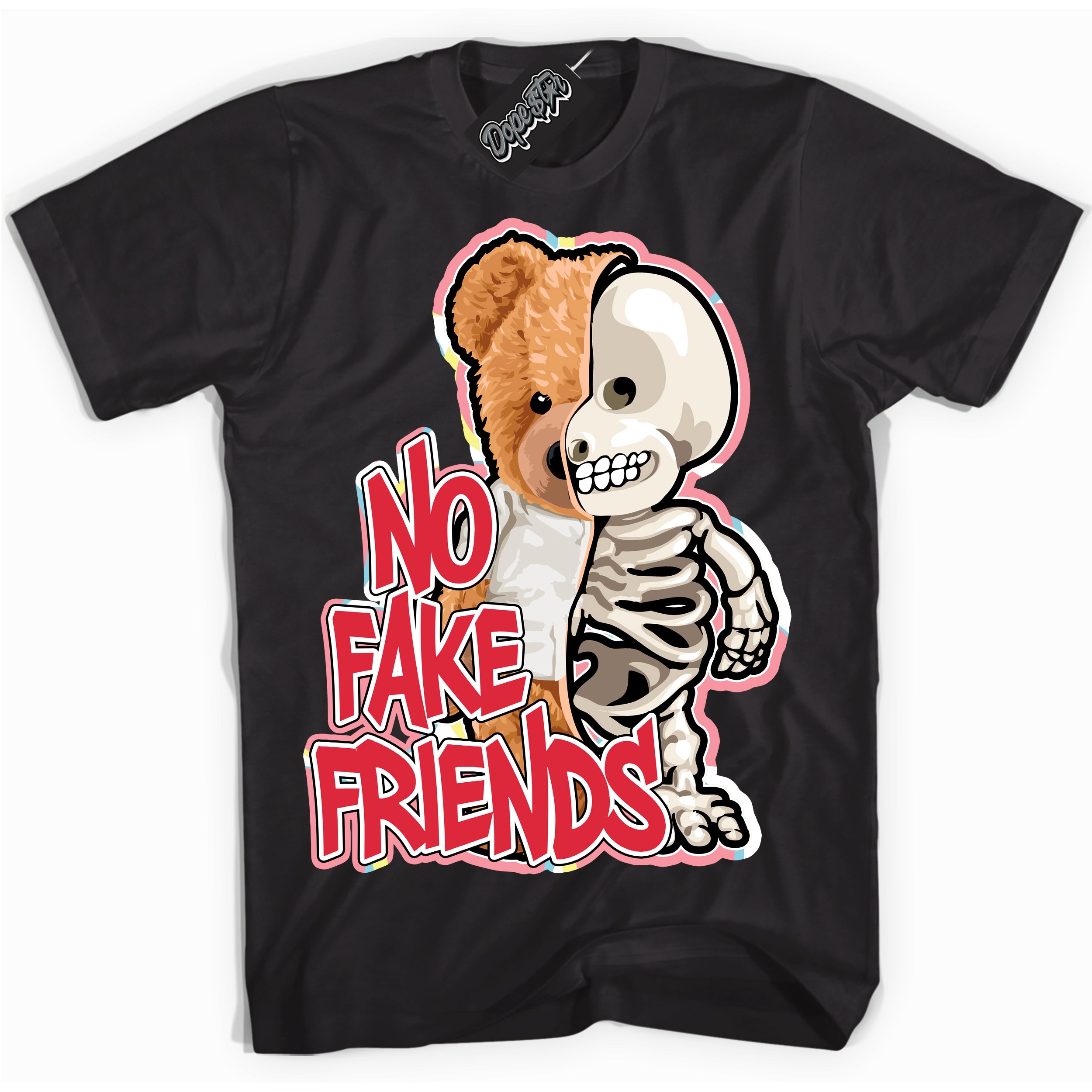 Cool Black graphic tee with “ No Fake Friends ” design, that perfectly matches Spider-Verse 1s sneakers 