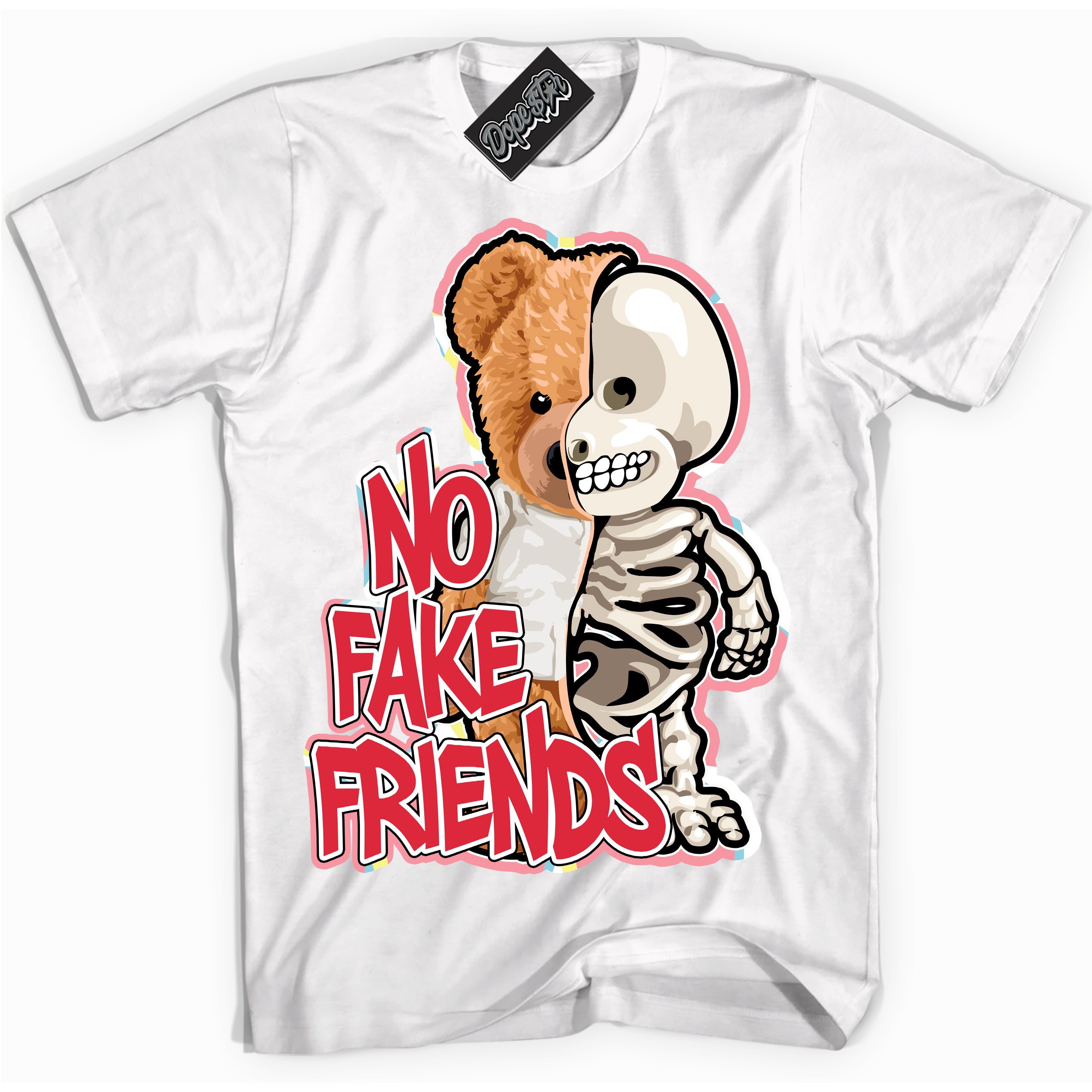 Cool White graphic tee with “ No Fake Friends ” design, that perfectly matches Spider-Verse 1s sneakers 