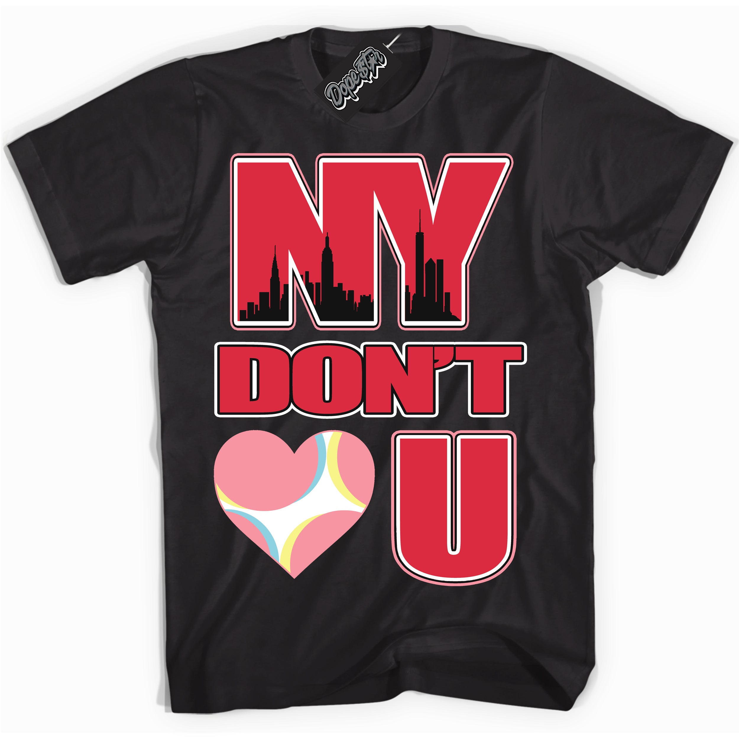 Cool Black graphic tee with “ NY Don't Love You ” design, that perfectly matches Spider-Verse 1s sneakers 