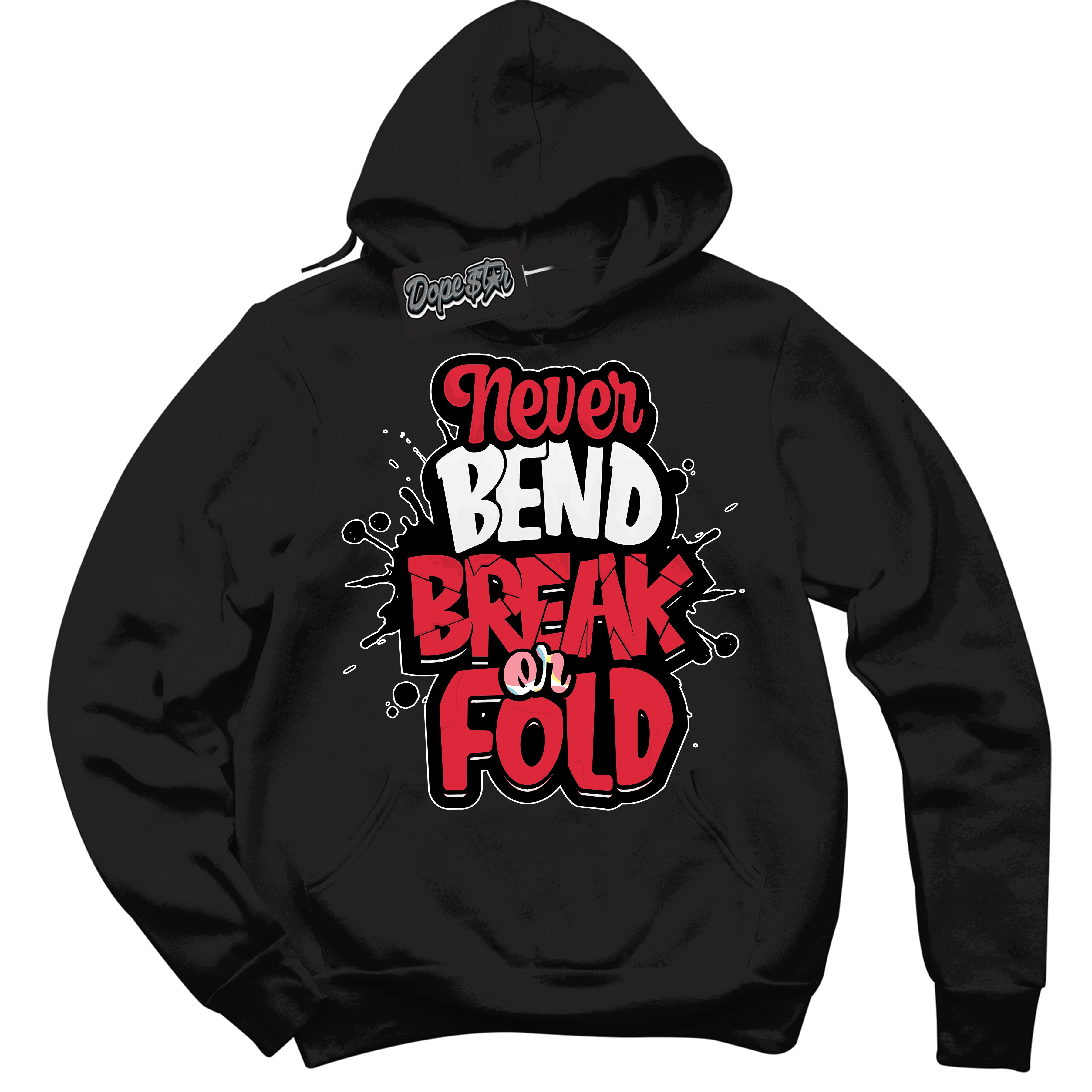 Cool Black Graphic DopeStar Hoodie with “ Never Bend Break Or Fold “ print, that perfectly matches Spider-Verse 1s sneakers
