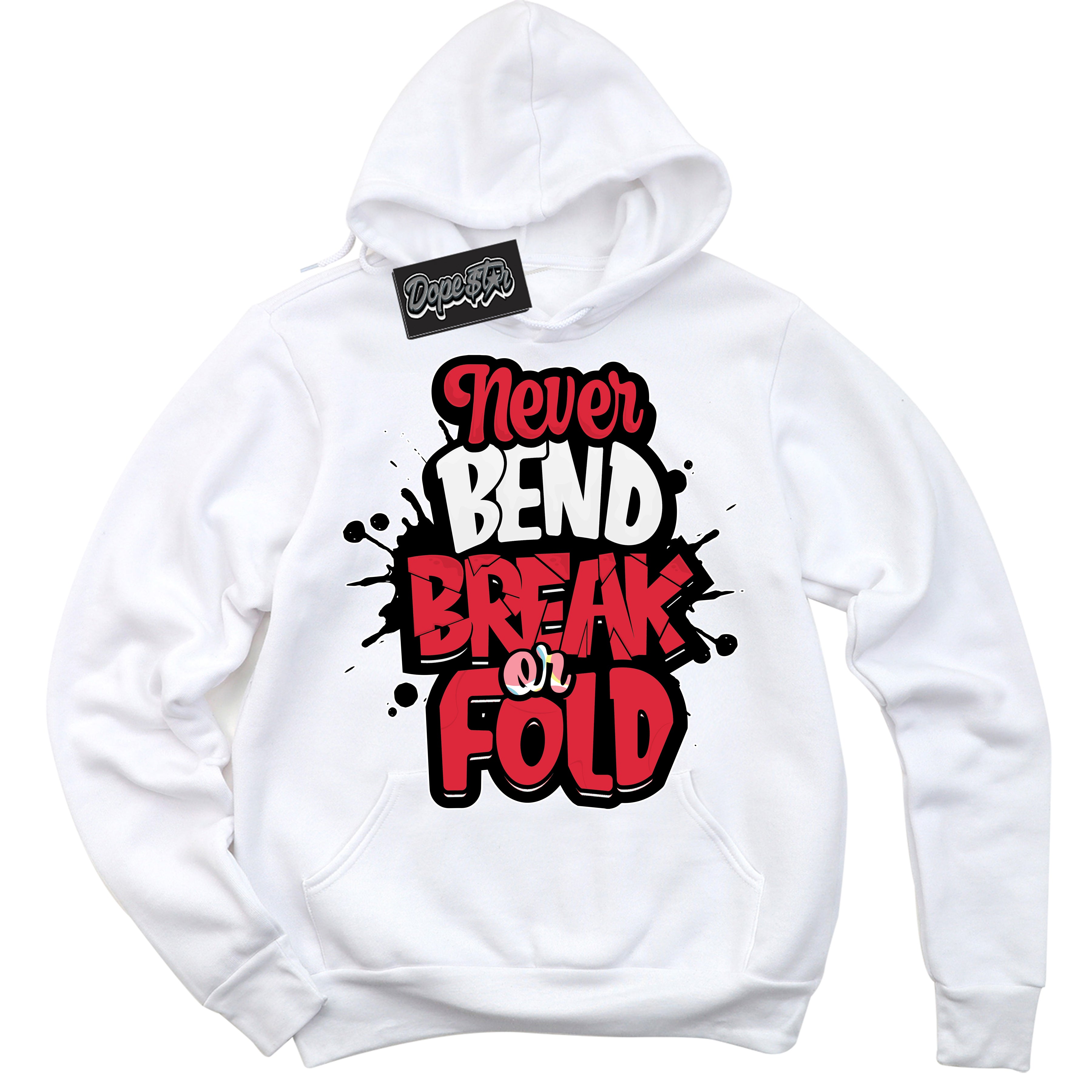 Cool White Graphic DopeStar Hoodie with “ Never Bend Break Or Fold “ print, that perfectly matches Spider-Verse 1s sneakers