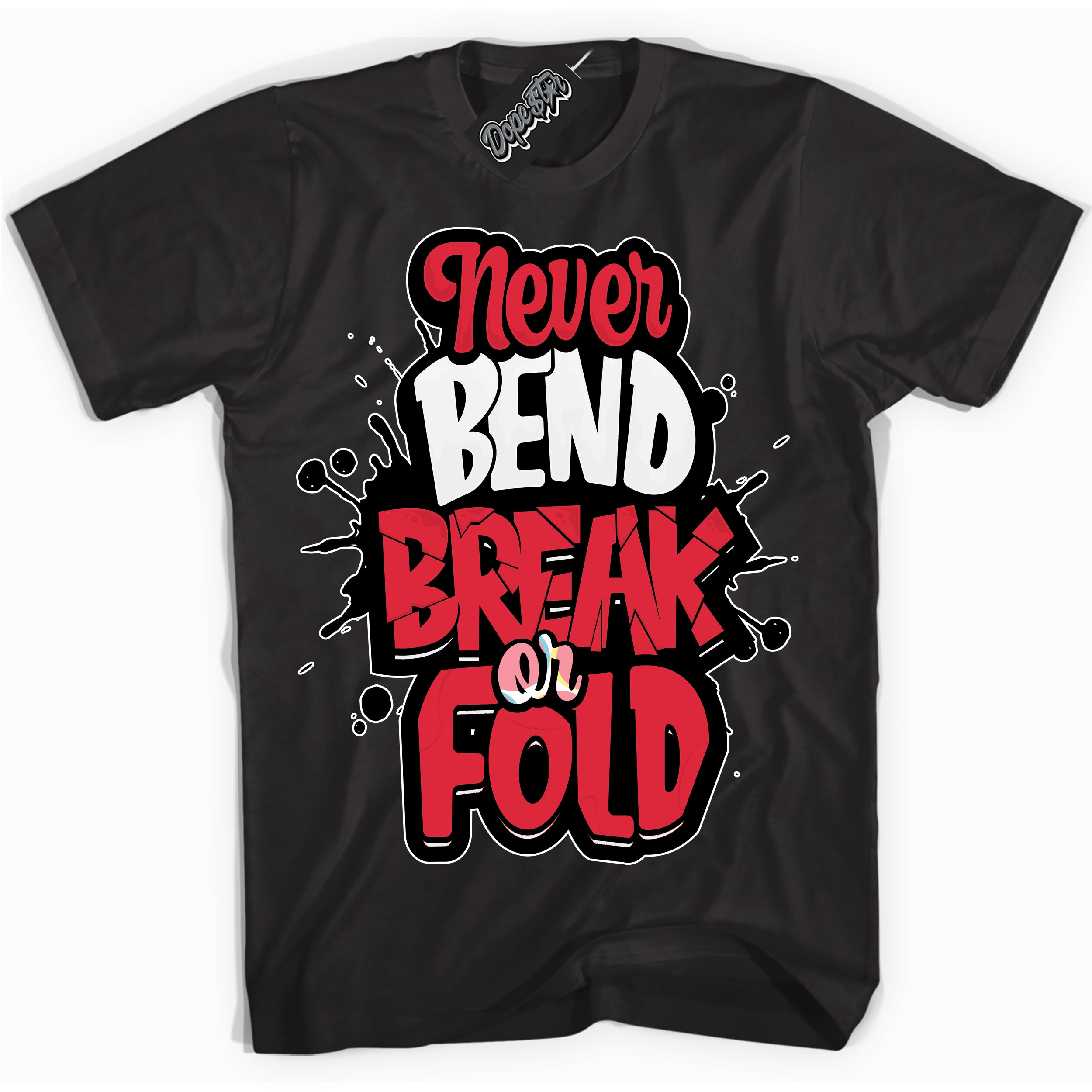 Cool Black graphic tee with “ Never Bend Break Or Fold ” design, that perfectly matches Spider-Verse 1s sneakers 