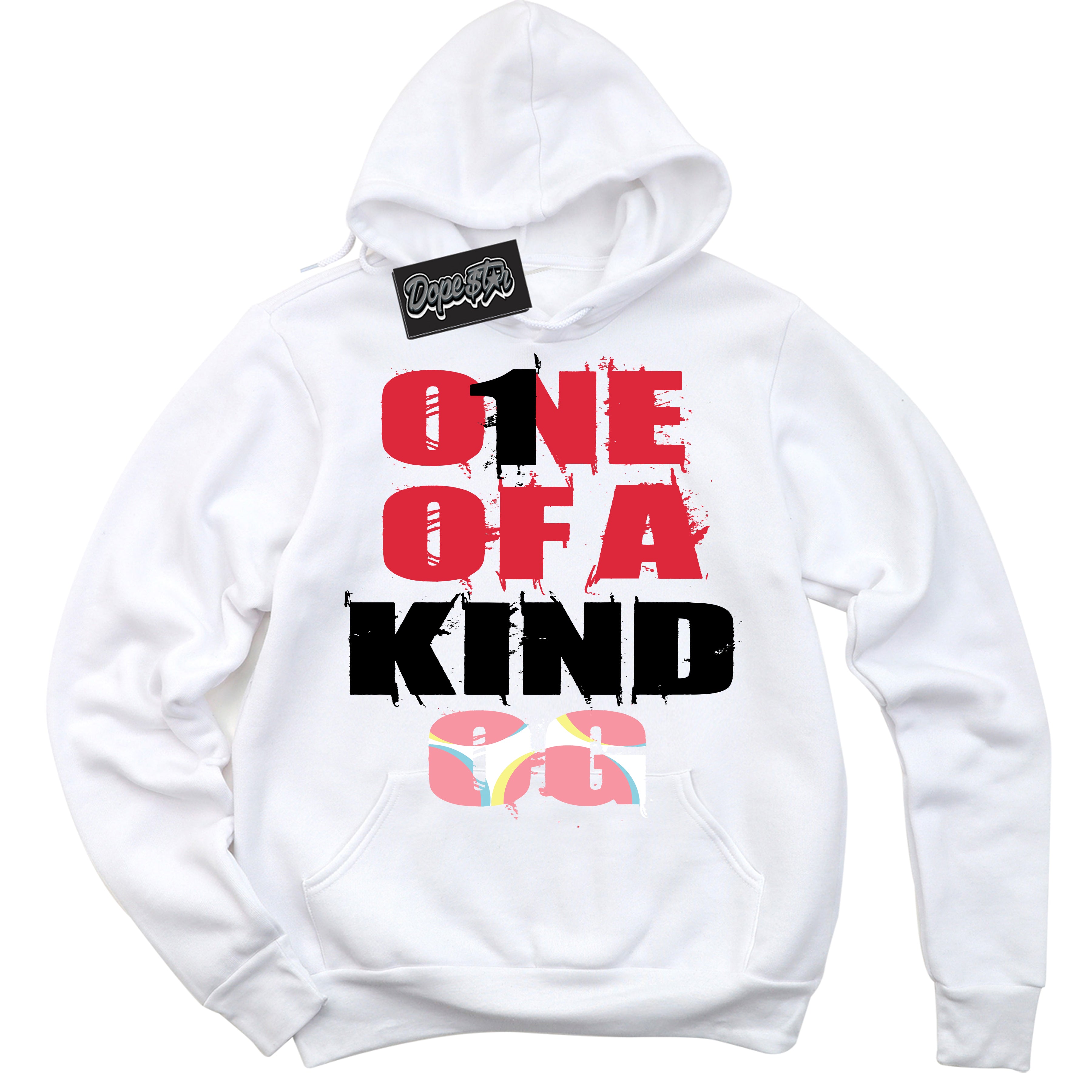 Cool White Graphic DopeStar Hoodie with “ One Of A Kind “ print, that perfectly matches Spider-Verse 1s sneakers