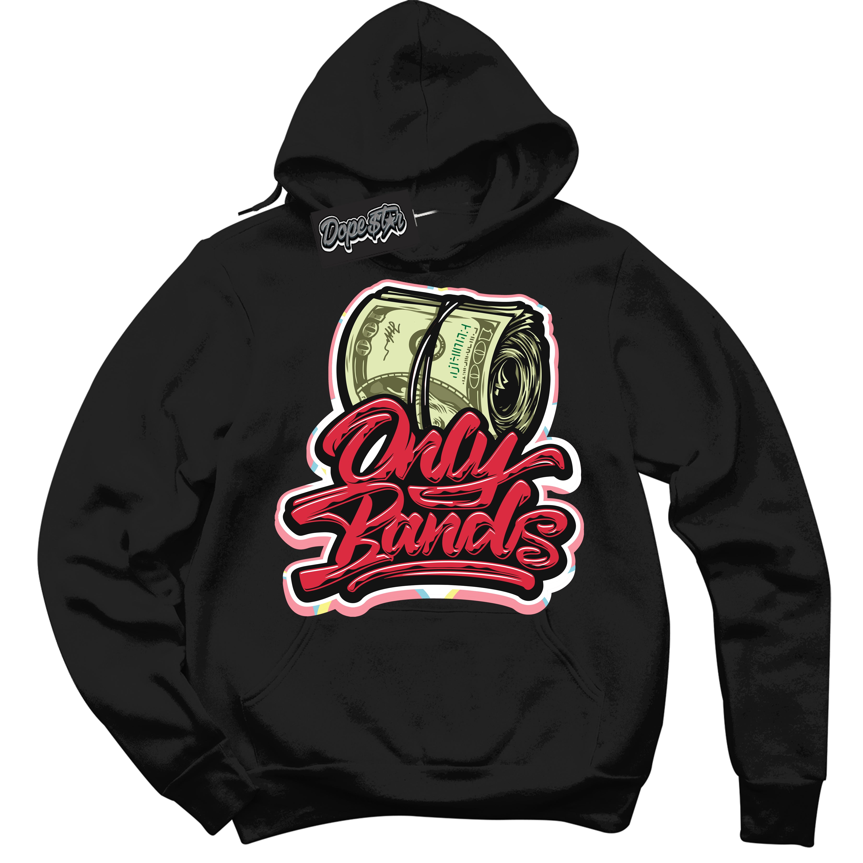 Cool Black Graphic DopeStar Hoodie with “ Only Bands “ print, that perfectly matches Spider-Verse 1s sneakers