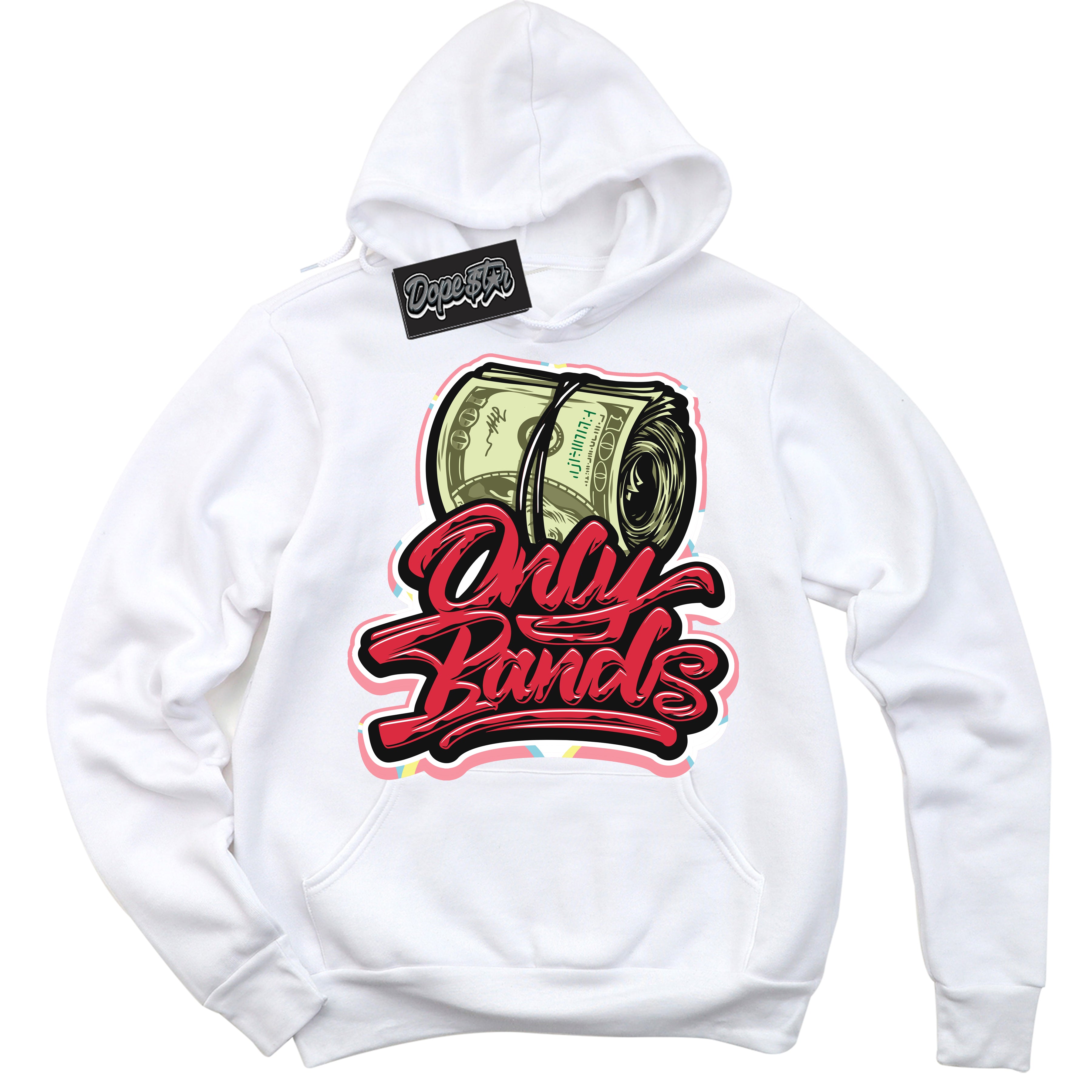 Cool White Graphic DopeStar Hoodie with “ Only Bands “ print, that perfectly matches Spider-Verse 1s sneakers