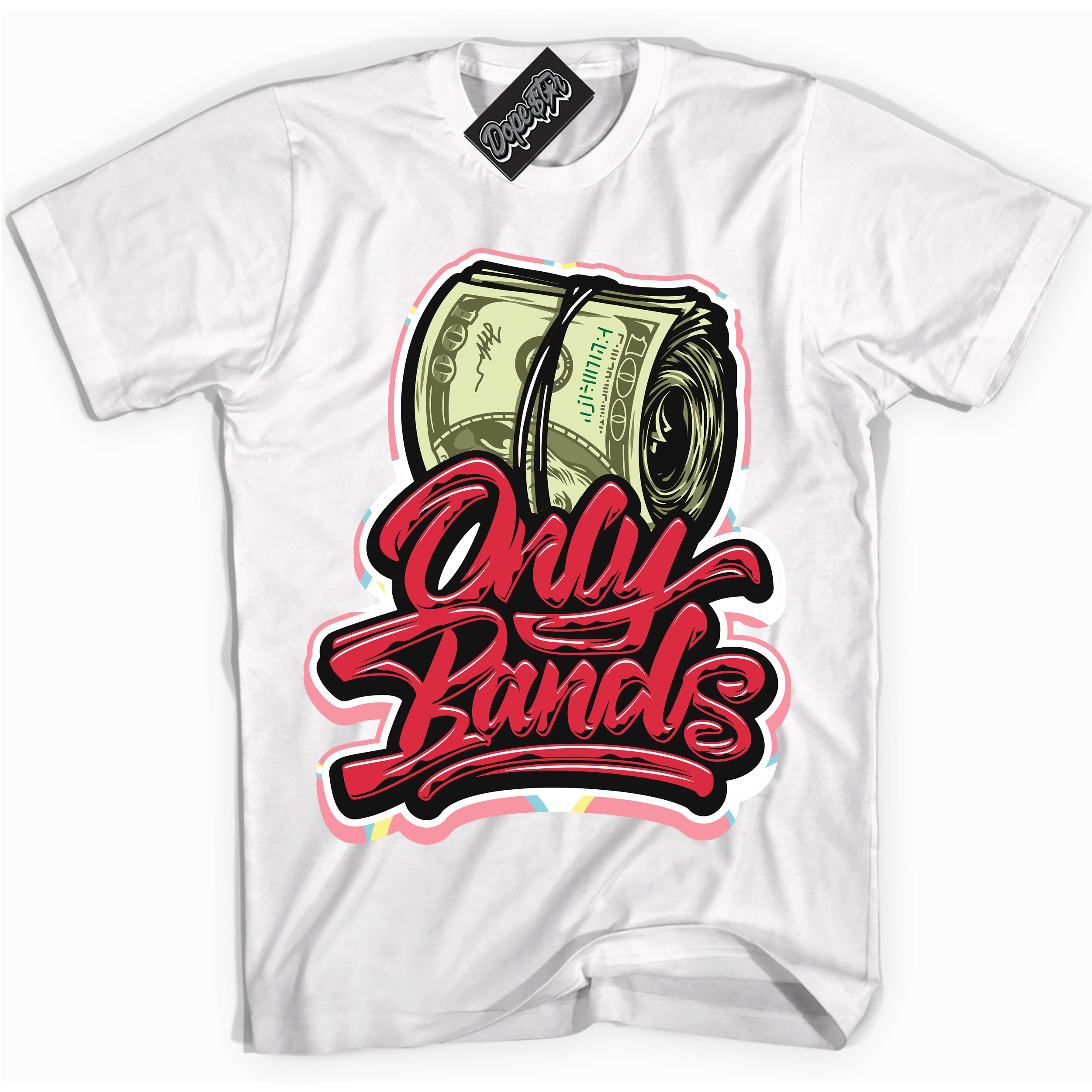 Cool White graphic tee with “ Only Bands ” design, that perfectly matches Spider-Verse 1s sneakers 