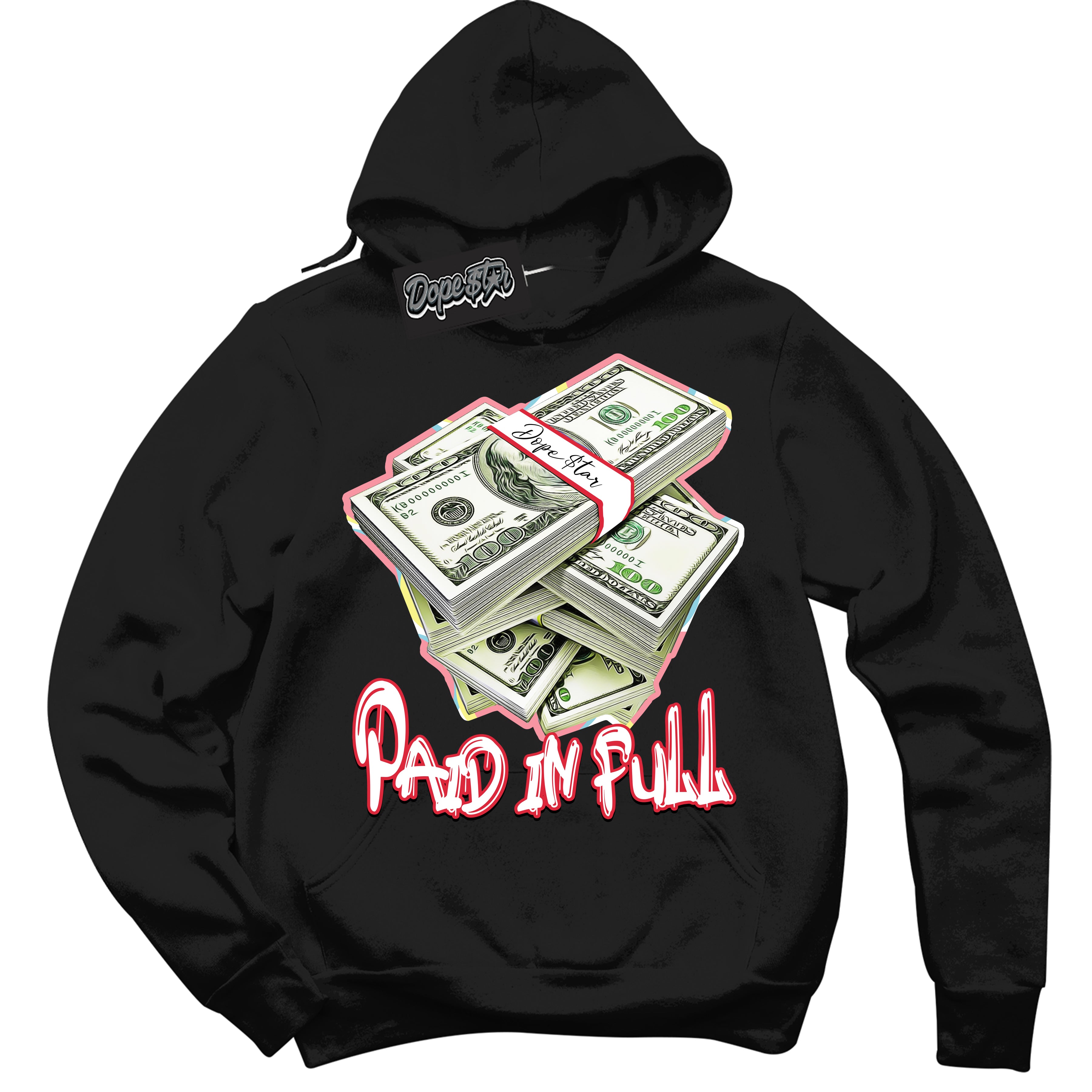 Cool Black Graphic DopeStar Hoodie with “ Paid In Full “ print, that perfectly matches Spider-Verse 1s sneakers