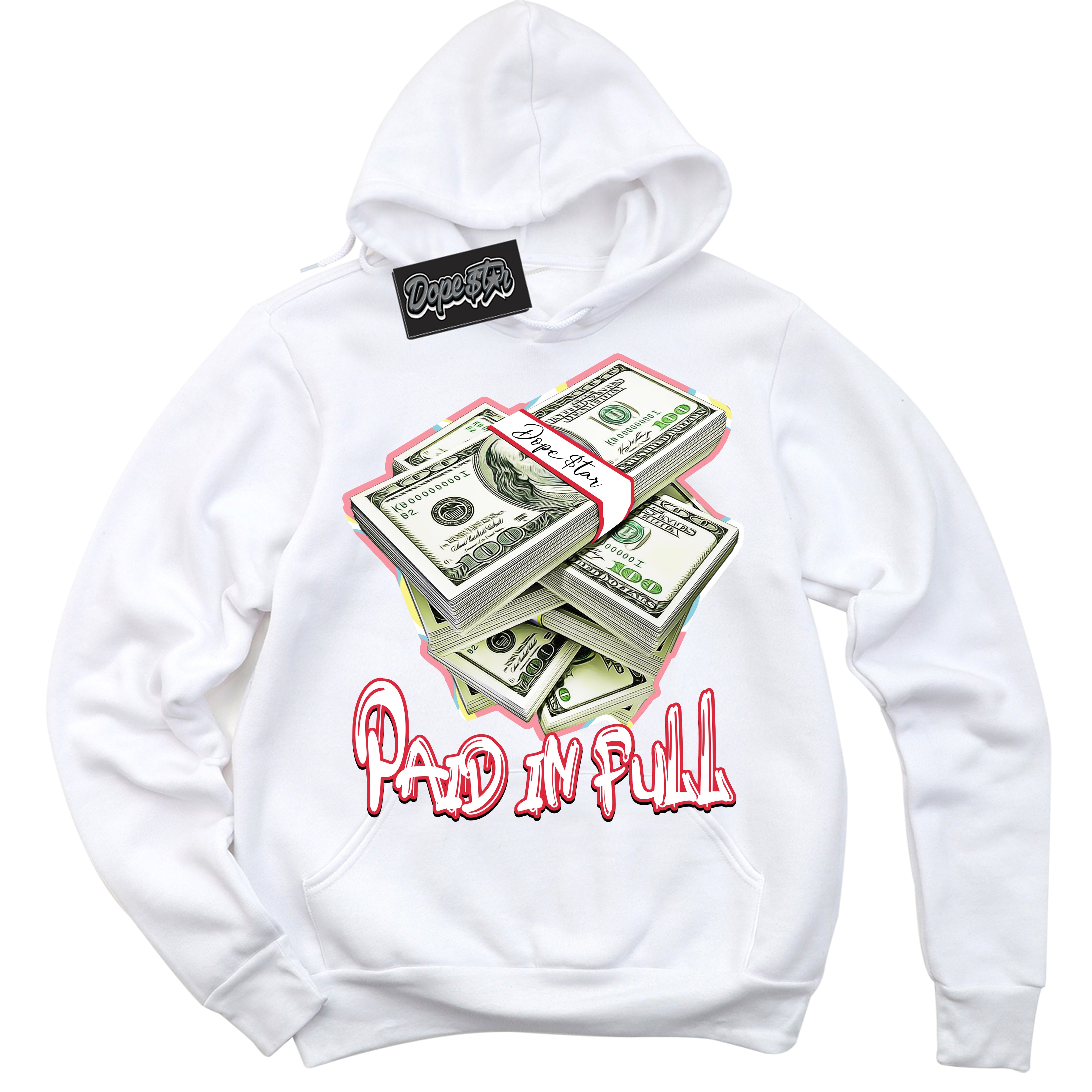Cool White Graphic DopeStar Hoodie with “ Paid In Full “ print, that perfectly matches Spider-Verse 1s sneakers