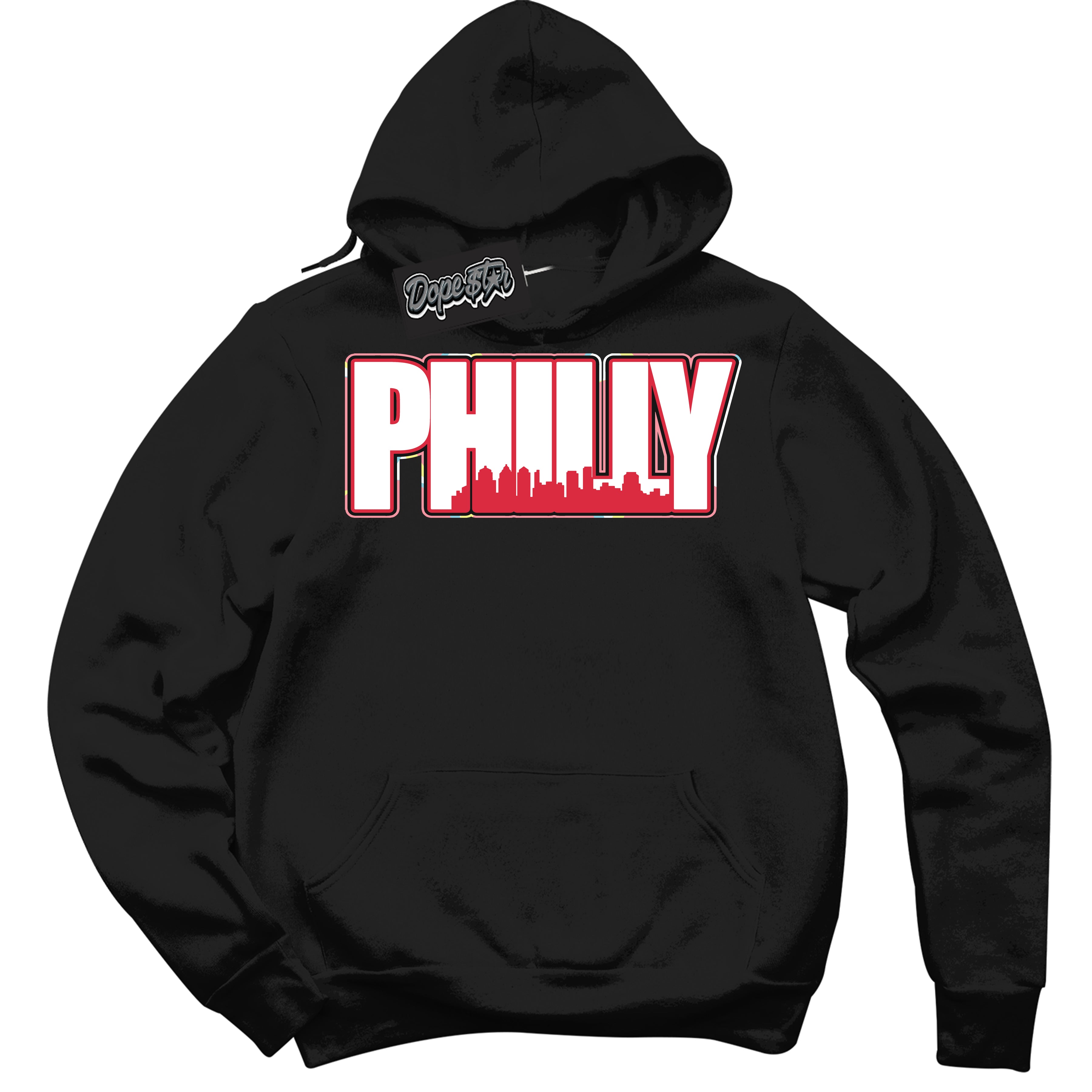 Cool Black Graphic DopeStar Hoodie with “ Philly “ print, that perfectly matches Spider-Verse 1s sneakers
