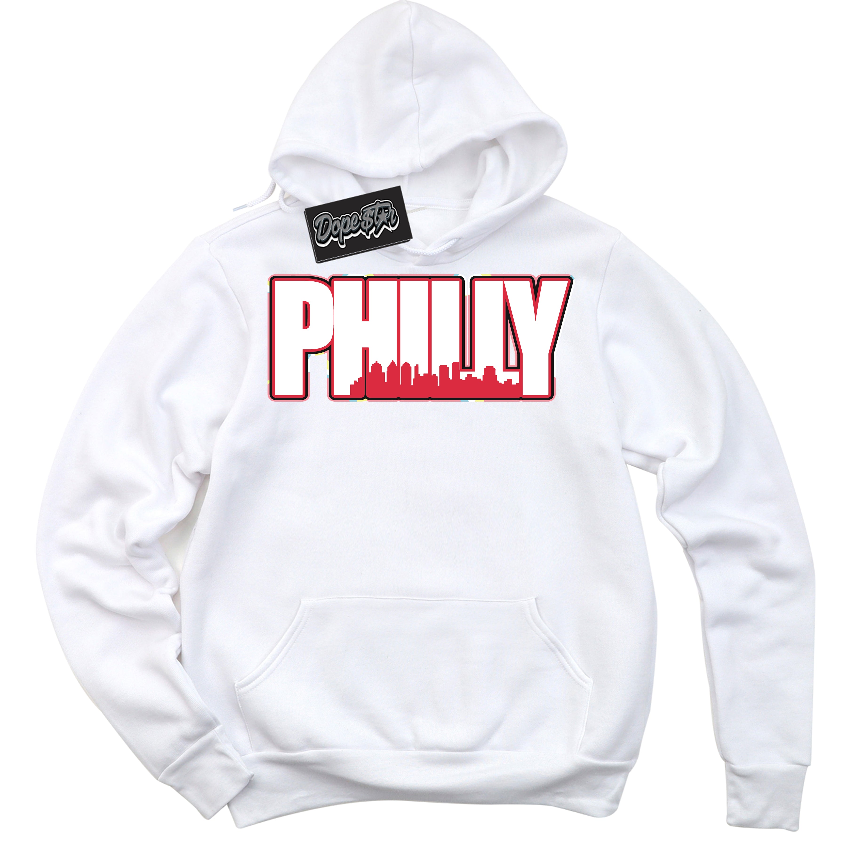 Cool White Graphic DopeStar Hoodie with “ Philly “ print, that perfectly matches Spider-Verse 1s sneakers