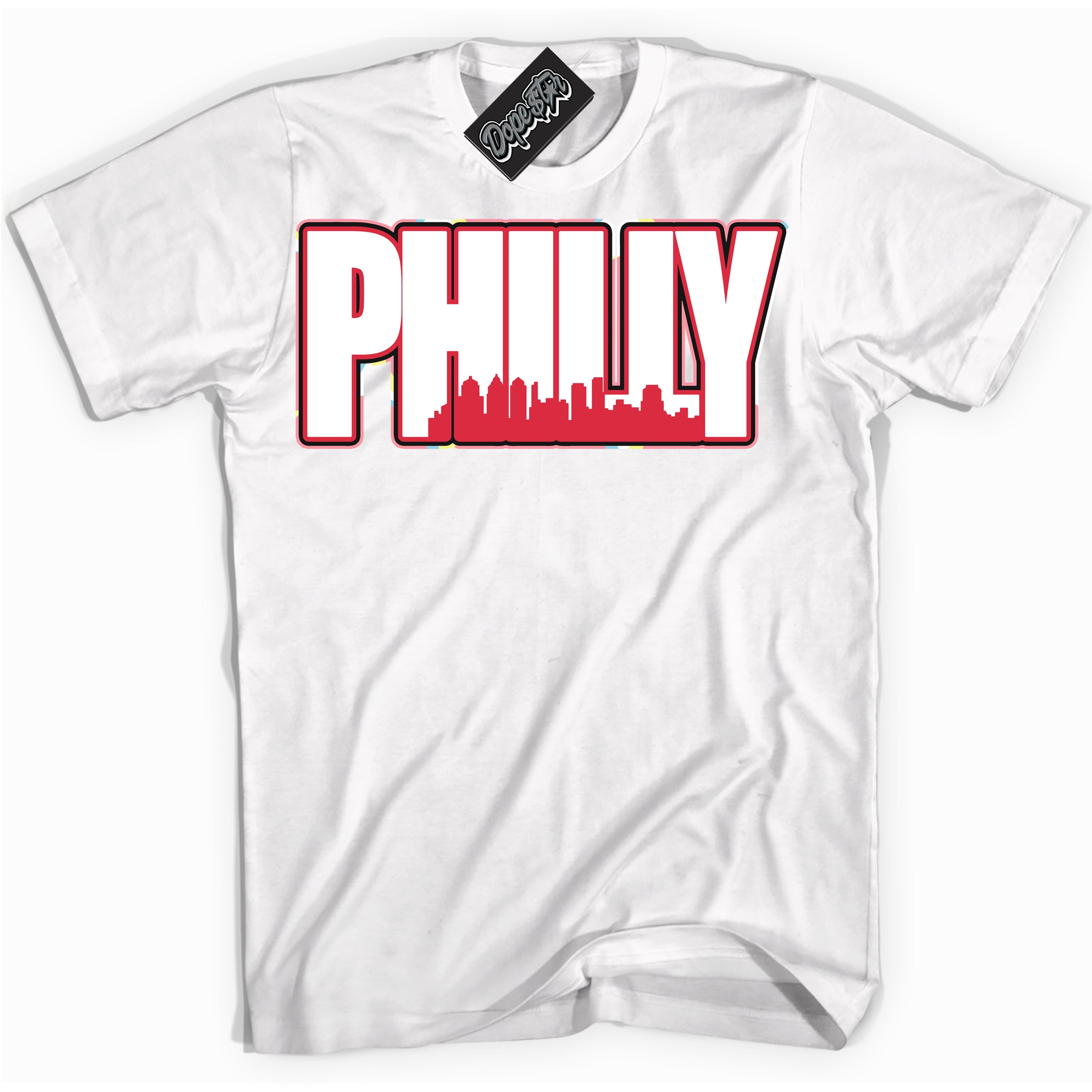 Cool White graphic tee with “ Philly ” design, that perfectly matches Spider-Verse 1s sneakers 