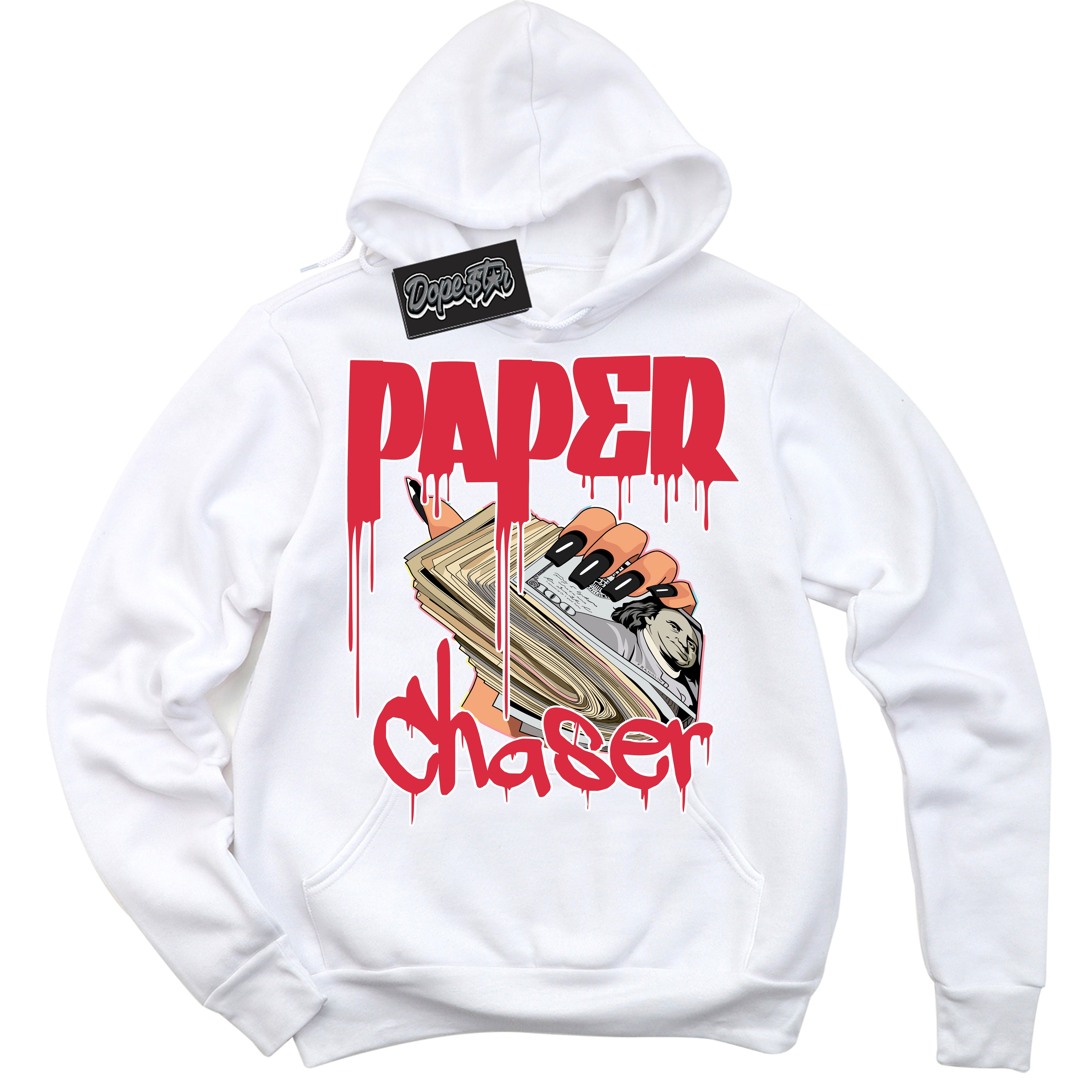 Cool White Graphic DopeStar Hoodie with “ Paper Chaser “ print, that perfectly matches Spider-Verse 1s sneakers