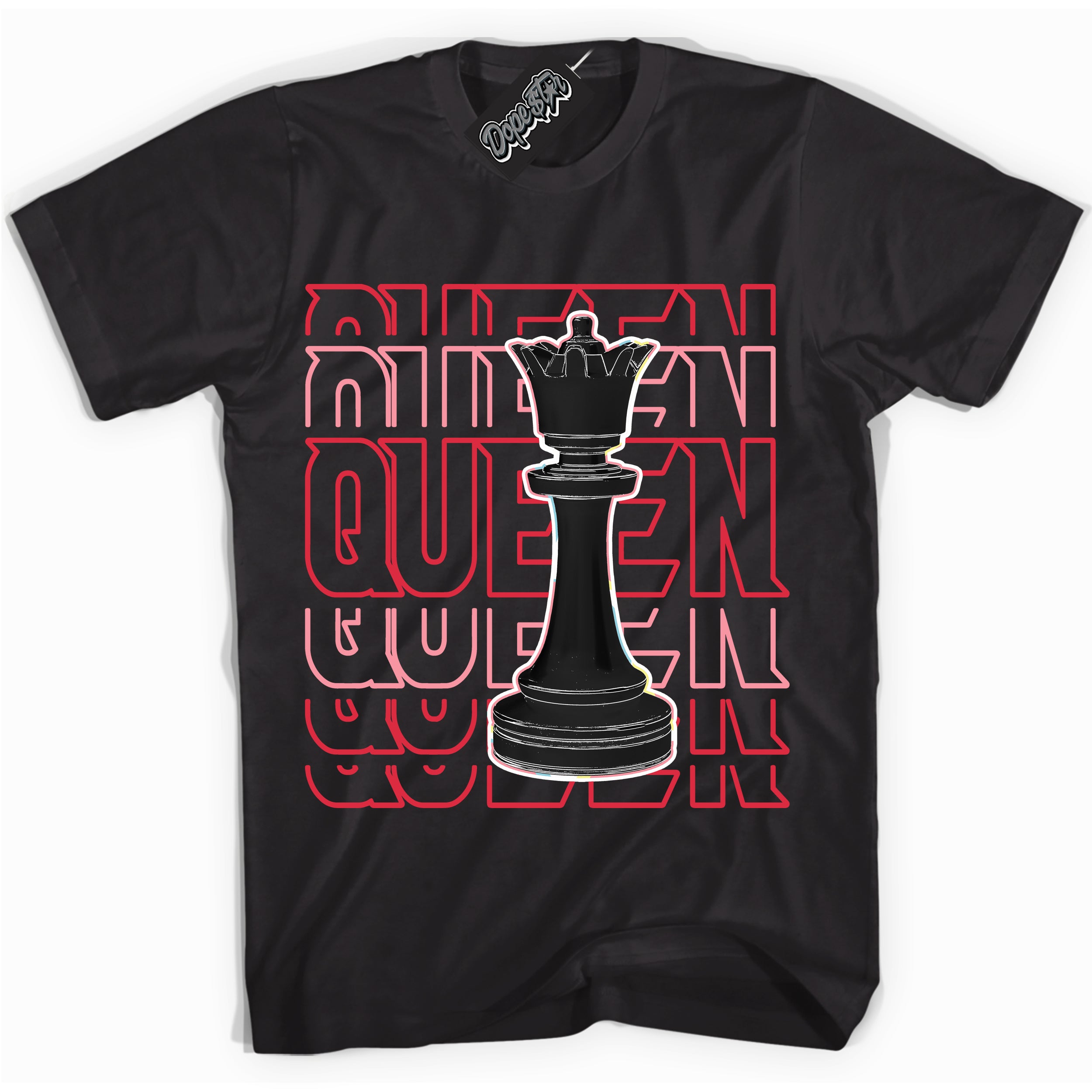 Cool Black graphic tee with “ Queen Chess ” design, that perfectly matches Spider-Verse 1s sneakers 