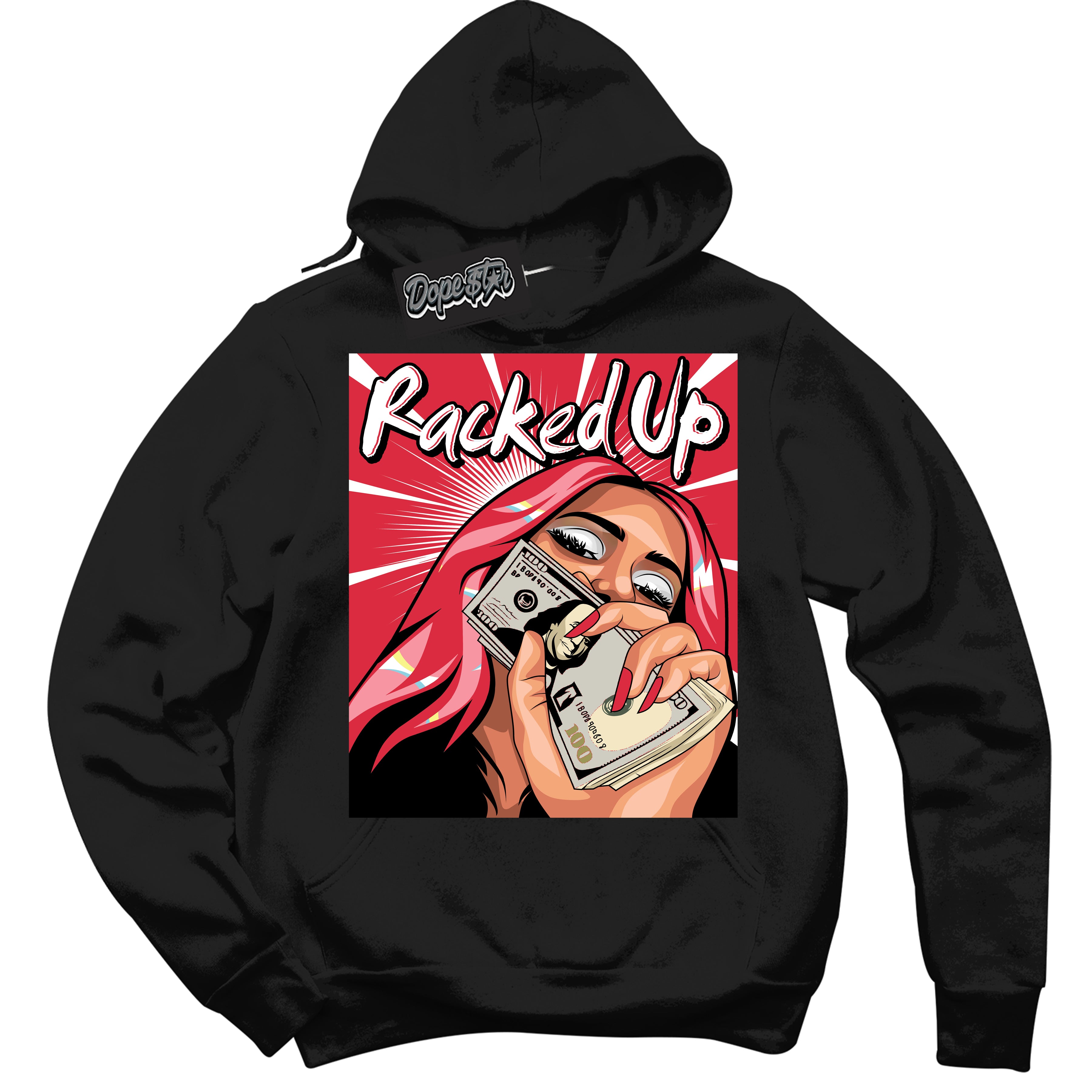 Cool Black Graphic DopeStar Hoodie with “ Racked Up “ print, that perfectly matches Spider-Verse 1s sneakers